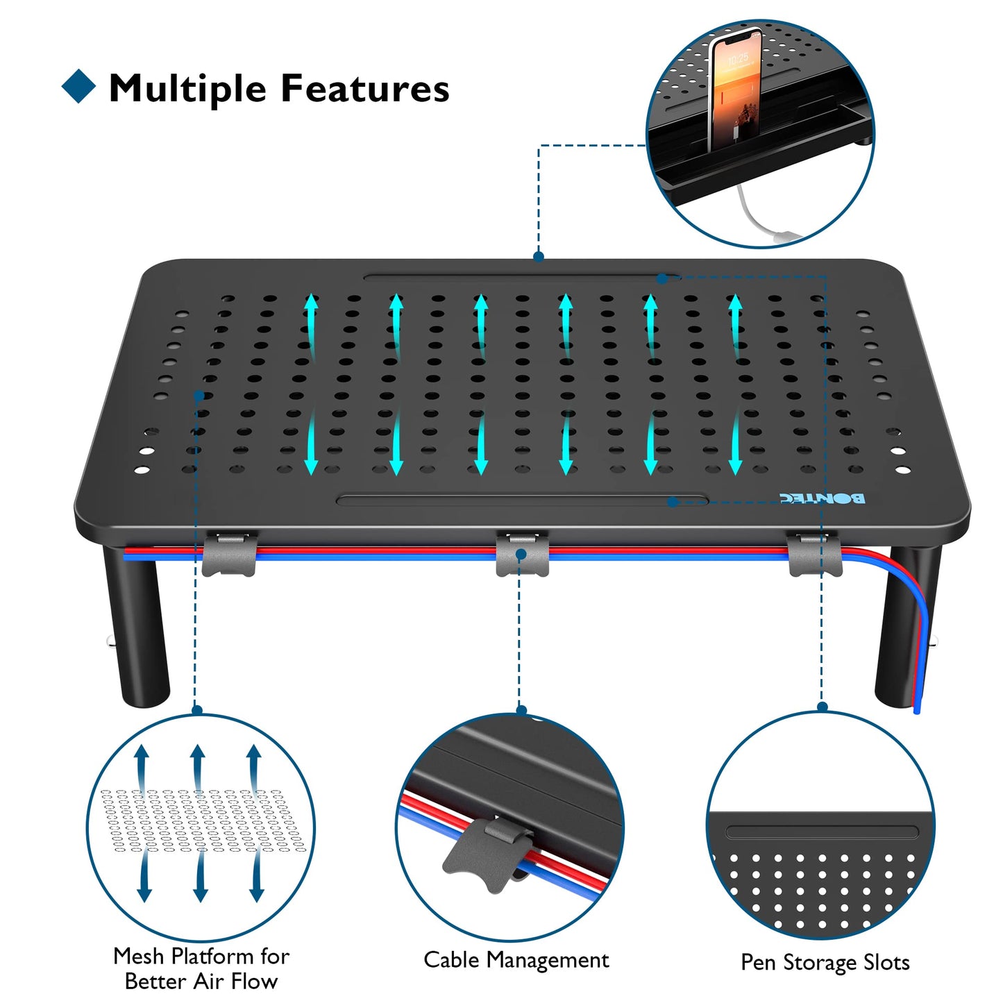 BONTEC 1 Pack Adjustable Monitor Stand Riser with Drawer, Ergonomic Mesh Platform Computer Monitor Stand for Desk, Ventilated Laptop and PC Stand with Cable Management, Supports up to 44lbs