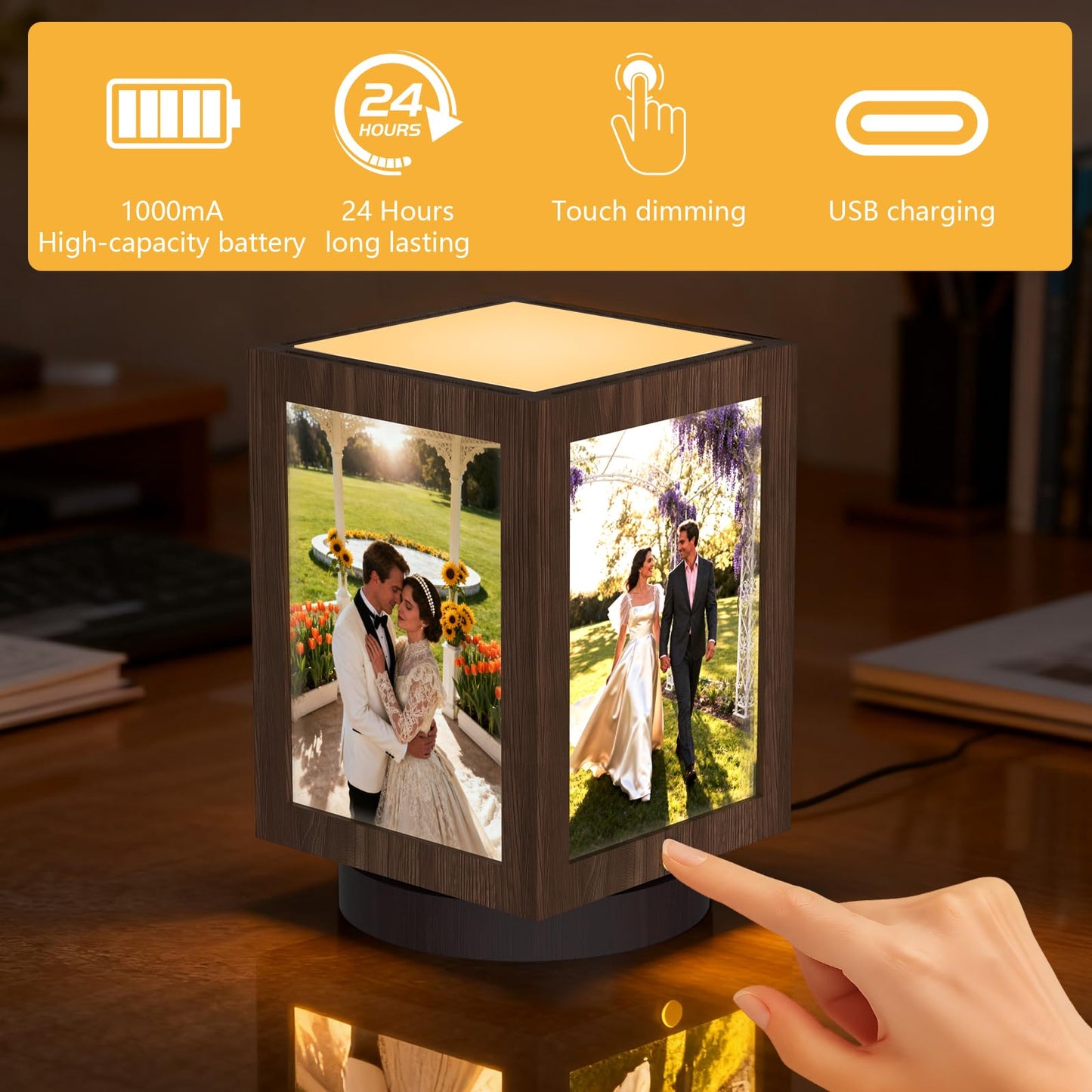 Mixoo 4x6 Picture Frame Light, Vintage Rotating Photo Frame Tabletop Lamp, Touch Desk Lamp for Bedroom Bedside, Table lamps for Office Family Retirement Anniversary Birthday Gifts (Wooden Brown)