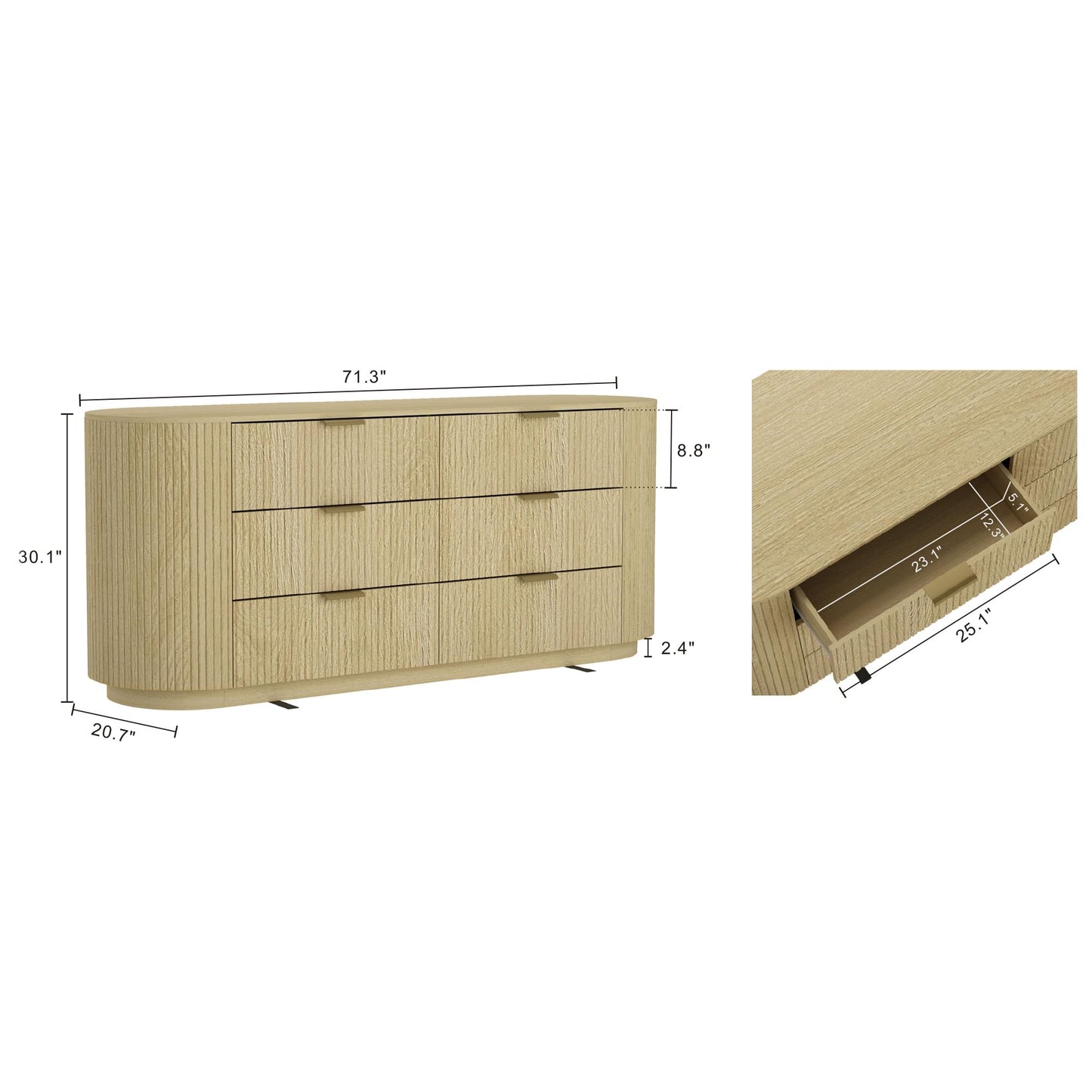 Manhattan Comfort Olivia 71” Wide Modern 6 Drawer Dresser with Wood Grain Finish, Ribbed Texture, Solid Wood Rounded Corners & Metal Handles, Chest of Drawers for Any Room, Natural Oak & Gold