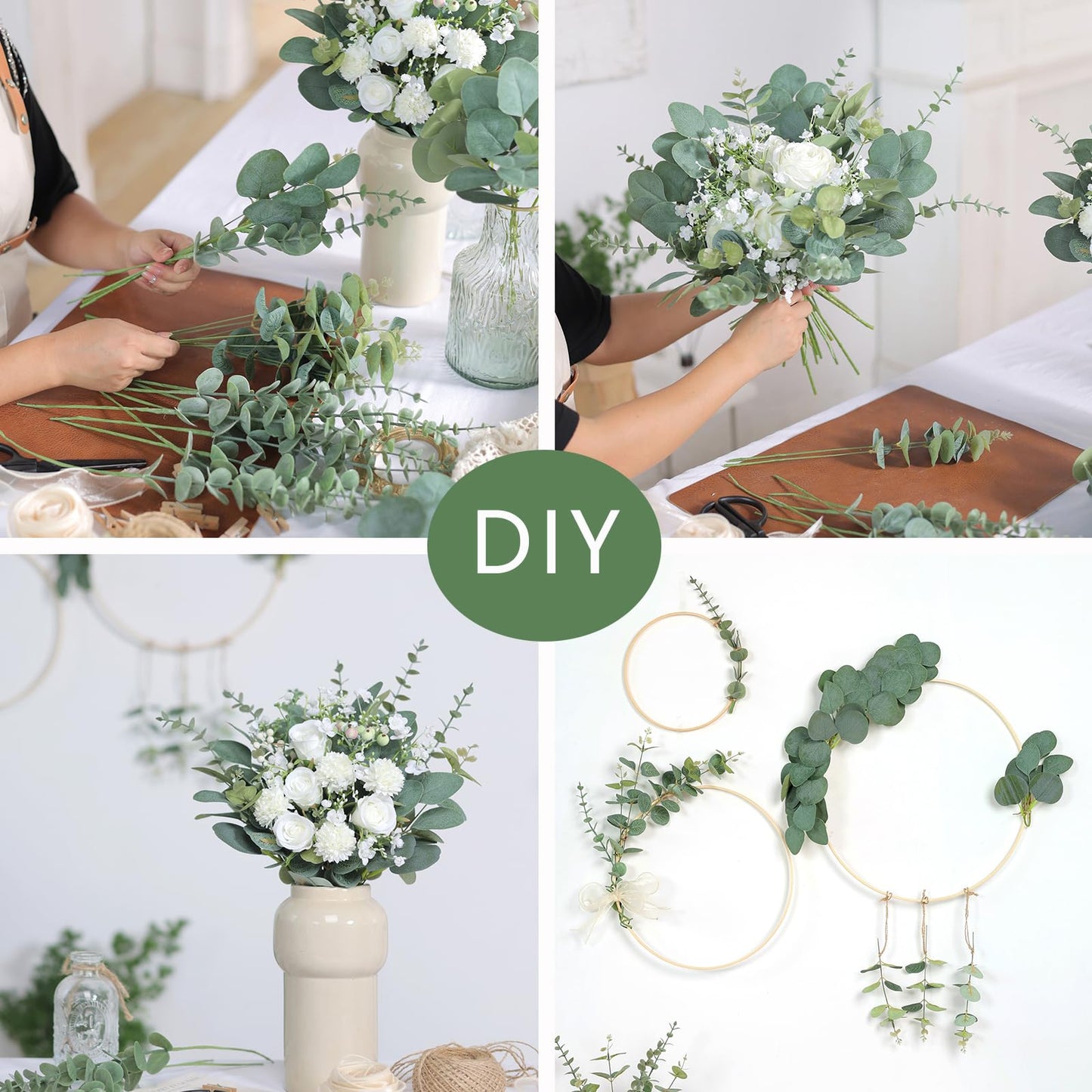 110 Pcs 7 Kinds Mixed Artificial Eucalyptus Stems and Faux Flowers,Fake Silver Dollar Eucalyptus Leaves Stems Bulk Soft Textured Leaf Branches for DIY Bouquets Floral Arrangement Wedding Home Decor