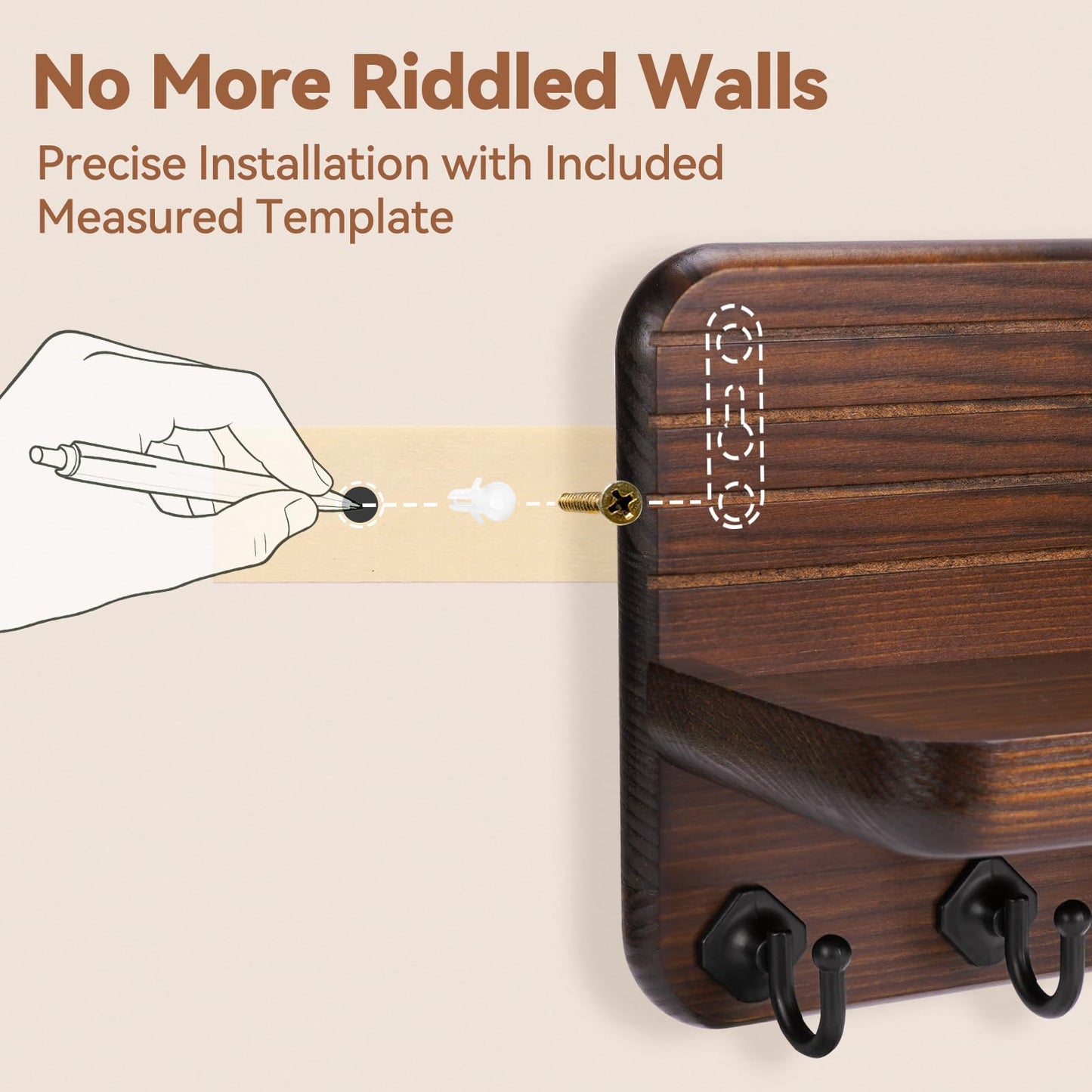 Kldgris Key Holder for Wall, Mail Organizer Wall Mount with 6 Hooks Wooden Hanging Key Rack for Home Decor, Hallway, Entryway (Brown)