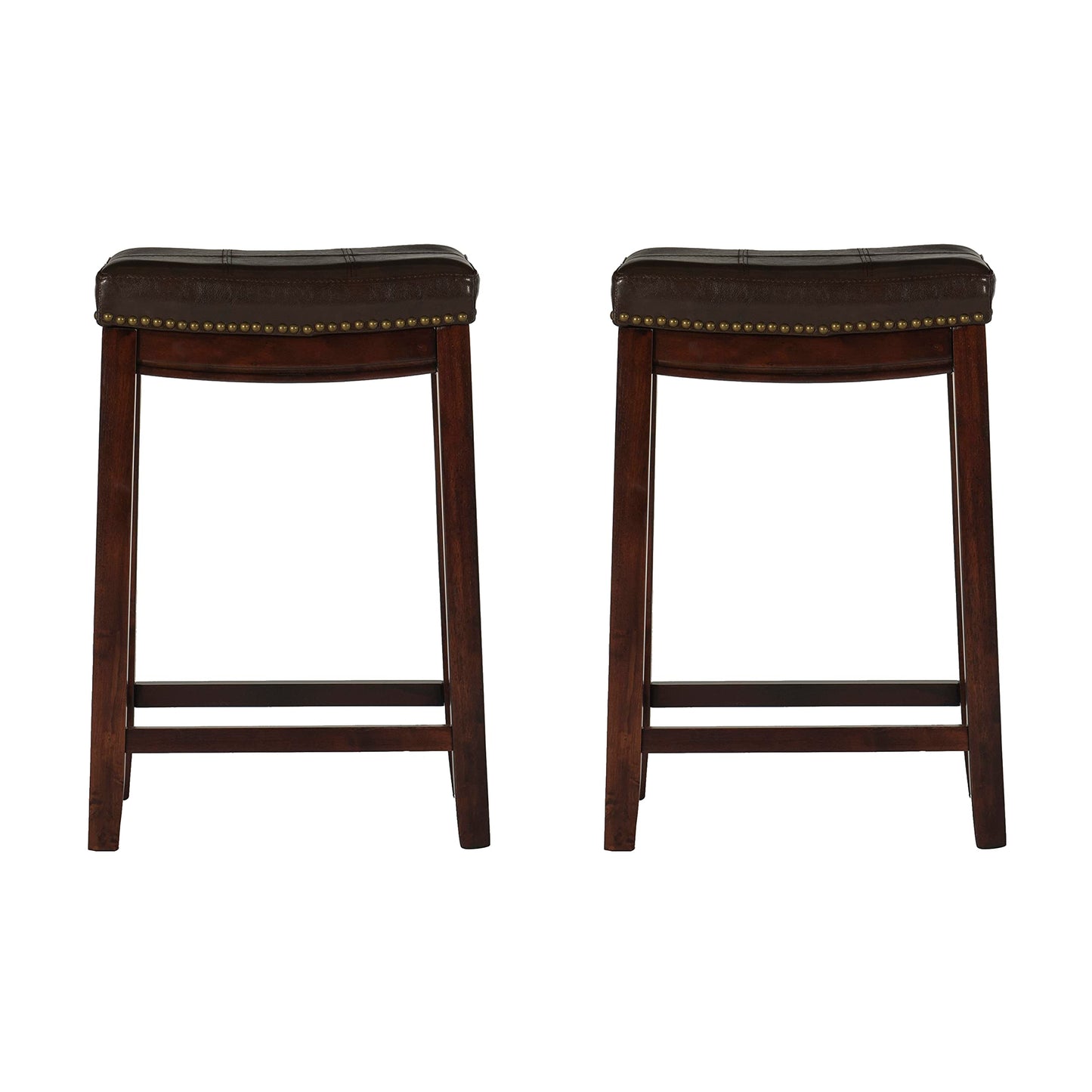 Linon Kingston Brown Wooden Backless 26.5 Inch Seat Height Counter Stool with Brown Faux Leather Upholstered Seat and Nailheads