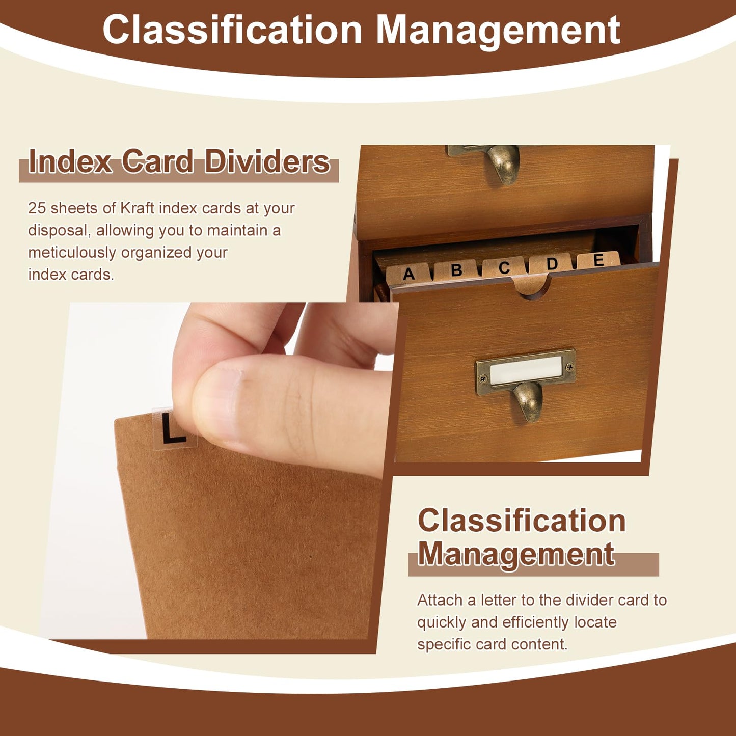 DLUGOPIS 3 Tier Index Card Holder 3x5 Wooden Card Catalog Box with 3 Drawers Brown Index Card Storage Box Flash Card Holder 25 Index Card Dividers 2 Letter Smile Stickers for Office