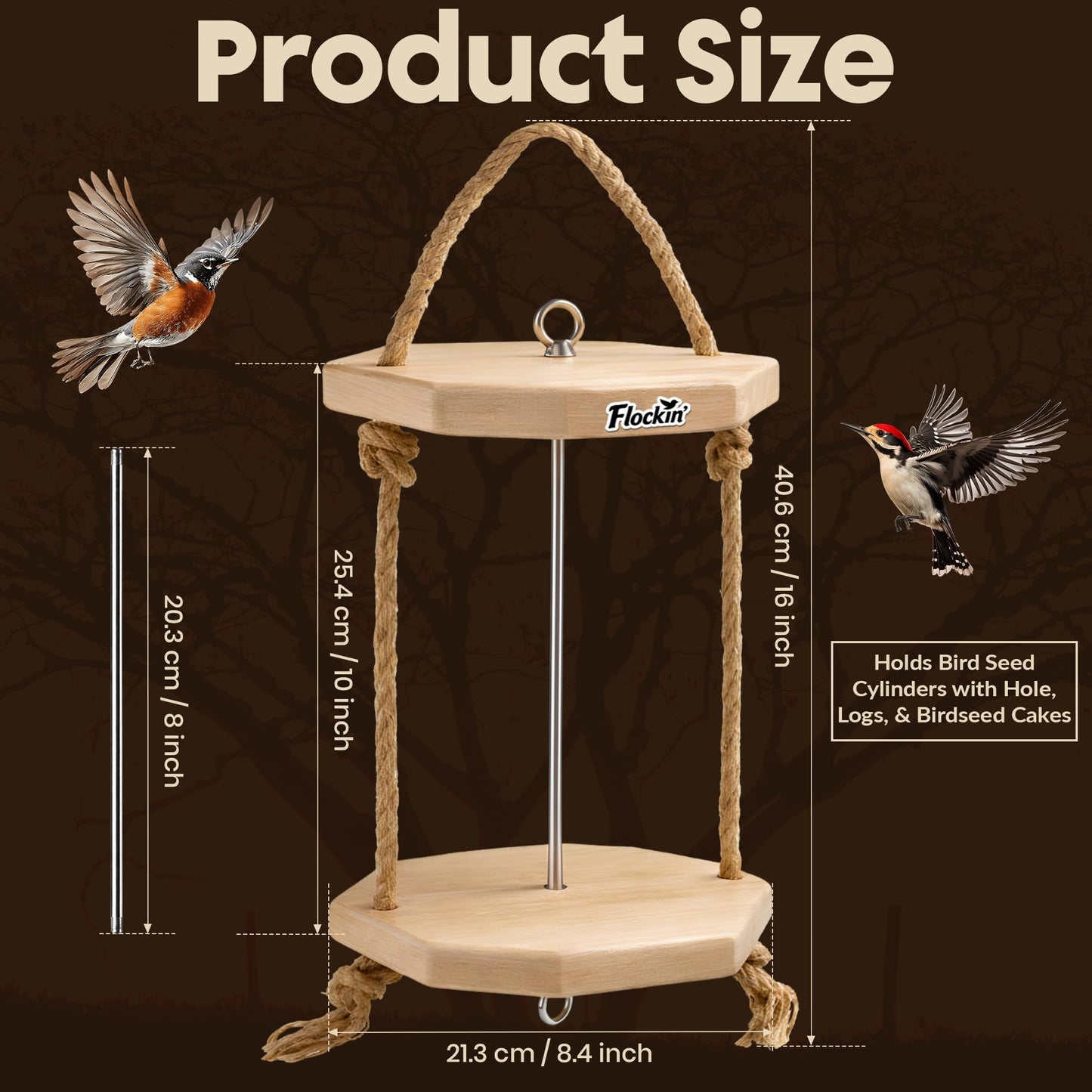 Cylinder Bird Feeders for Outdoors - Weather Resistant Wood Cylinder Feeder with a Bird Safe Protective Clear Finish - Holds Bird Seed Cylinders with Hole, Logs, & Birdseed Cakes