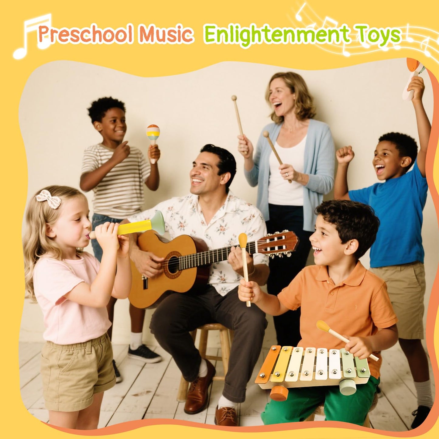 Pajojoqa 7pcs Musical Instruments Set 18M+ Montessori Toys 2 3 4 Neutral Colors Wooden Toys for Toddlers 3-5 Percussion Instruments Modern Boho Xylophone Sensory Gifts Boys Girls