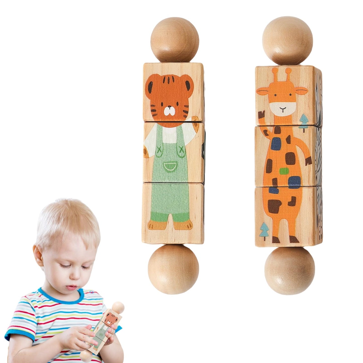 Promise Babe Wooden Animal Puzzle Toy for Toddlers 1-3, Rotating Spin Twist Blocks Set of 2, Learning Educational Montessori Toy Gifts for Kids Boys Girls, Giraffe & Brown Bear