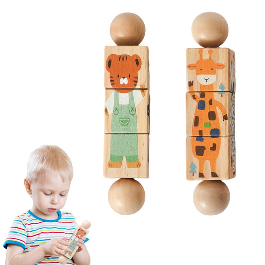 Promise Babe Wooden Animal Puzzle Toy for Toddlers 1-3, Rotating Spin Twist Blocks Set of 2, Learning Educational Montessori Toy Gifts for Kids Boys Girls, Giraffe & Brown Bear