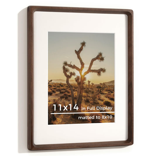 RICHFOCUS 11x14 Picture Frame USA-Sourced Natural Walnut Solid Wood Photo Frame Handcrafted Rounded Corner Wooden Frame with Real Glass Display Photos 8x10 with Mat or 11x14 Without Mat