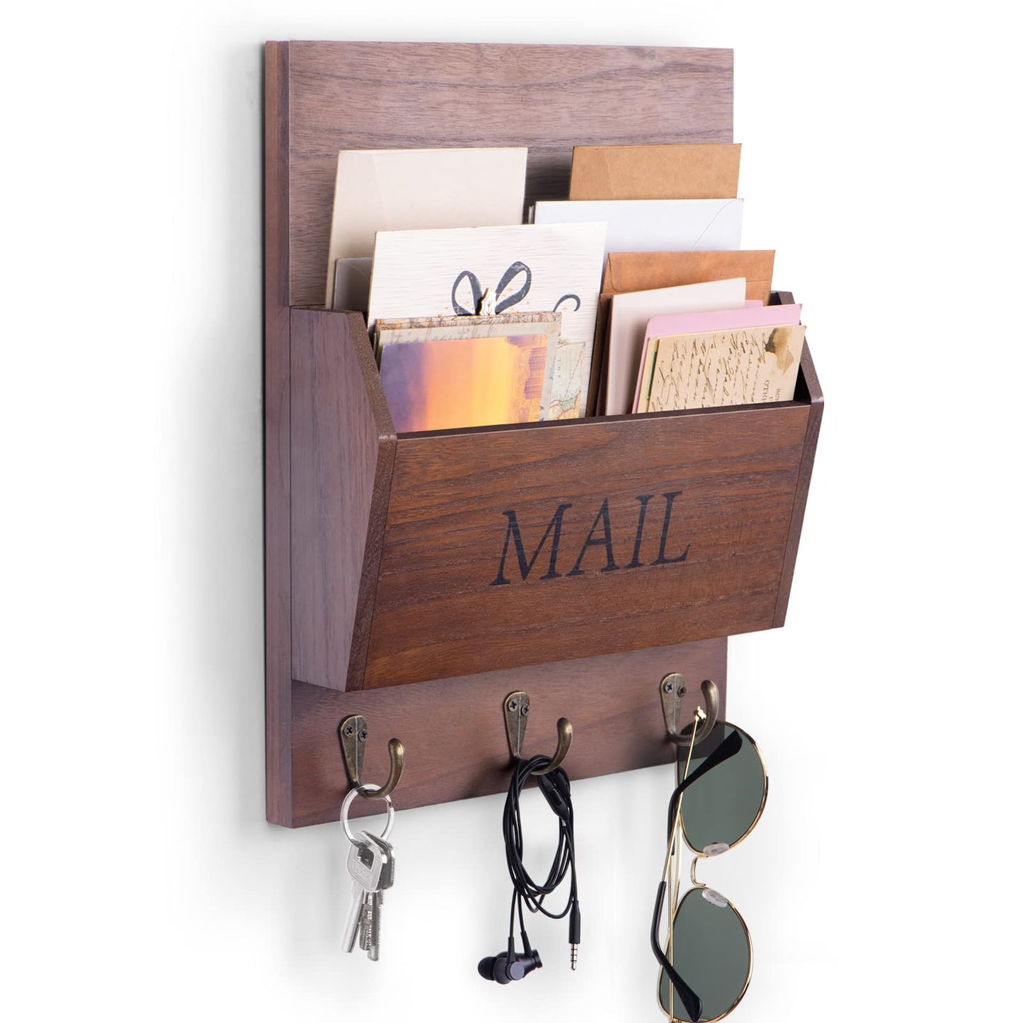 DLQuarts Mail Organizer with Key Holder for Wall Decorative Mail Sorter Wall Mounted, Wooden Mail Holder with 3 Hooks, Dark Brown