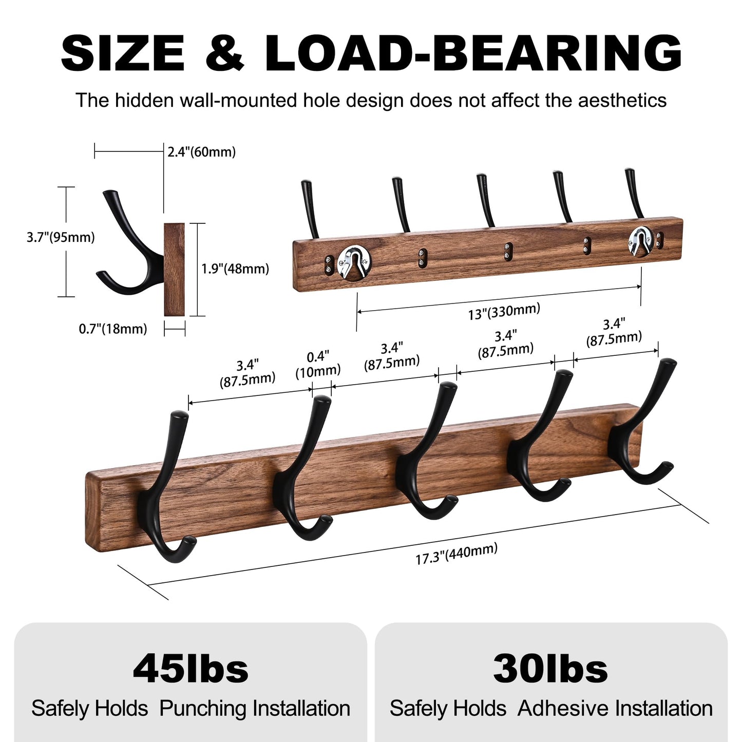 LECHYN 2 Pack 17.3" Small Walnut Wood Coat Rack Wall Mount with 5 Hooks, Heavy Duty Wooden Jacket Hanger Door Mounted for Decorative Entryway and Bathroom Hanging Towel Backpack Purse Clothes Hat Key
