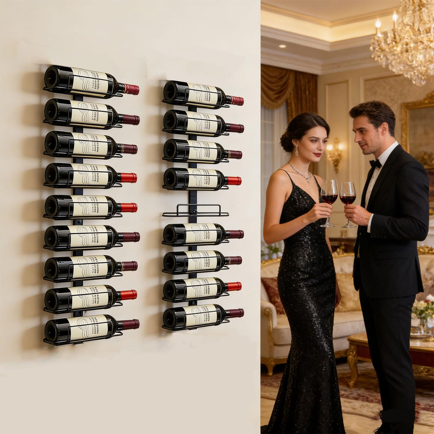 Msrorriw Wall Mount Wine Rack – 9 Bottles – Black Metal Wine Bottle Holder for Wall, Wine Rack Display for Home Bar, Kitchen