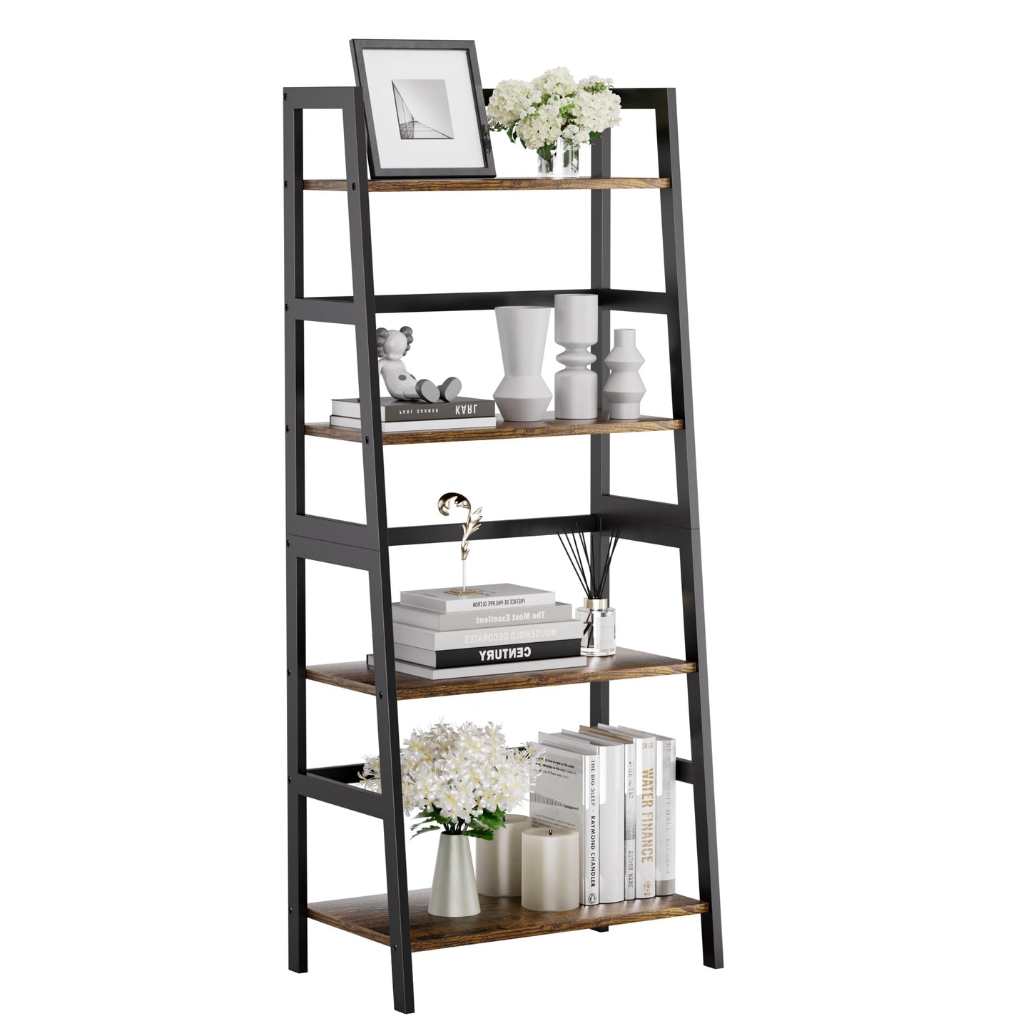 HITNET Ladder Shelf, 4 Tier Bookshelf with Bamboo Frame, Freestanding Bathroom Storage Shelving Unit for Living Room, Home Office, Bedroom, Rustic Brown and Black