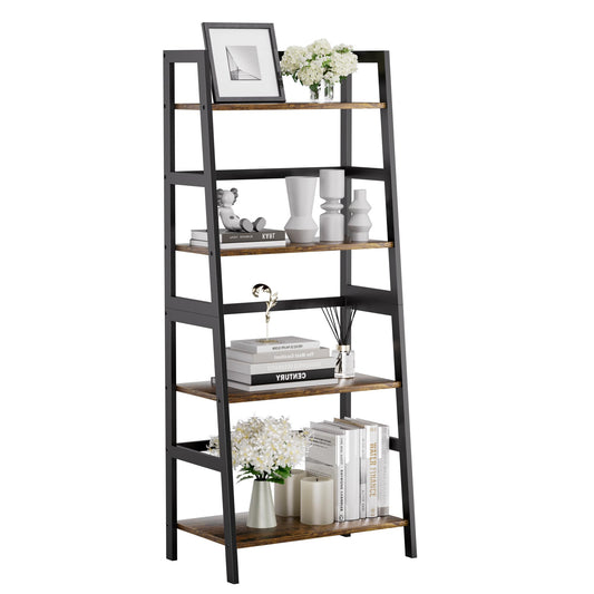 HITNET Ladder Shelf, 4 Tier Bookshelf with Bamboo Frame, Freestanding Bathroom Storage Shelving Unit for Living Room, Home Office, Bedroom, Rustic Brown and Black