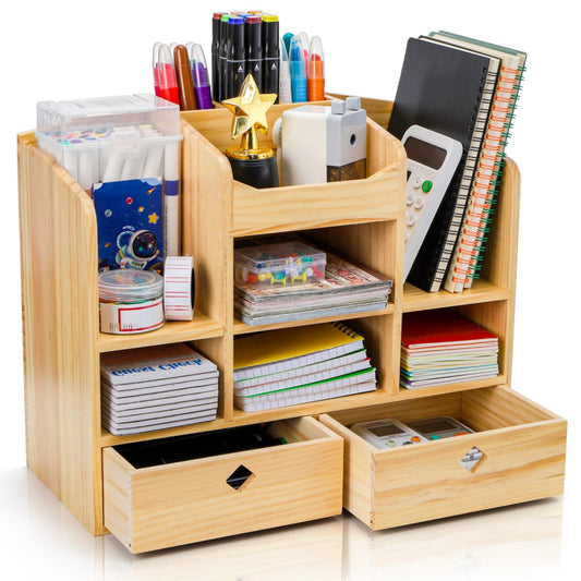 Acshio Wooden Desk Organizer with Drawers, Large Countertop Office Supplies Accessories Organization with 10 Compartments, Multifunctional Storage Box Makeup Storage Shelf Rack for Home, Office