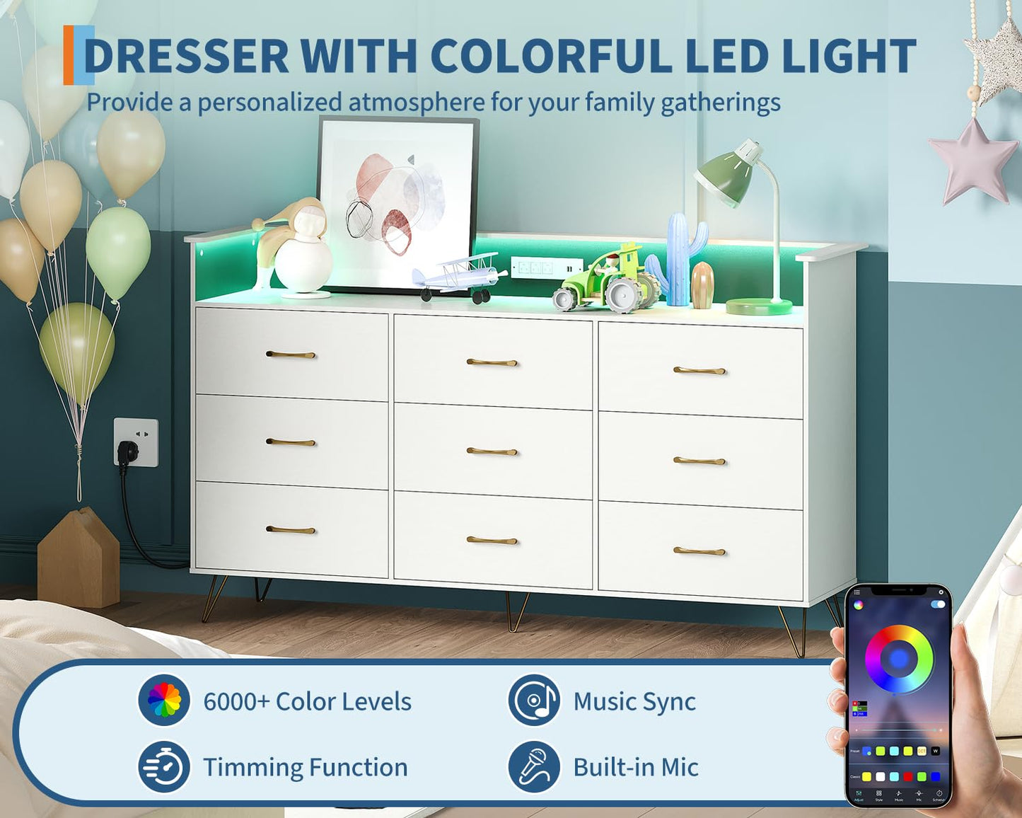 Tall 9-Drawer TV Stand Dresser with RGB Lights & Charging Station, Modern Wooden Storage Chest for Bedroom, 3 Outlets & 2 USB Ports, Large Closet Organizer, Black, 36.6" w x 62.8" h x 16.7" d