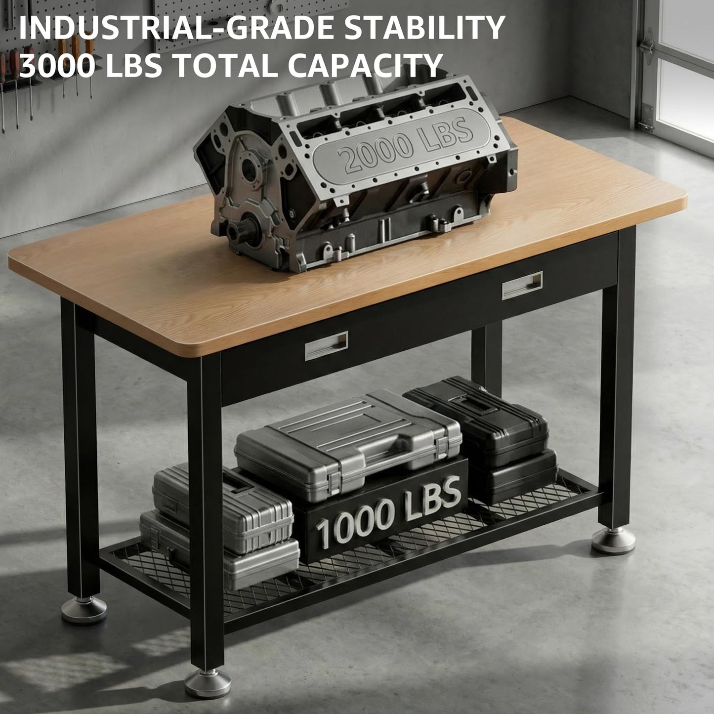 47.2" Heavy Duty Work Bench with Drawer and Storage for Garage, Small Wood Top and Metal Work Table for Crafts, 3D Printer Reloading Bench