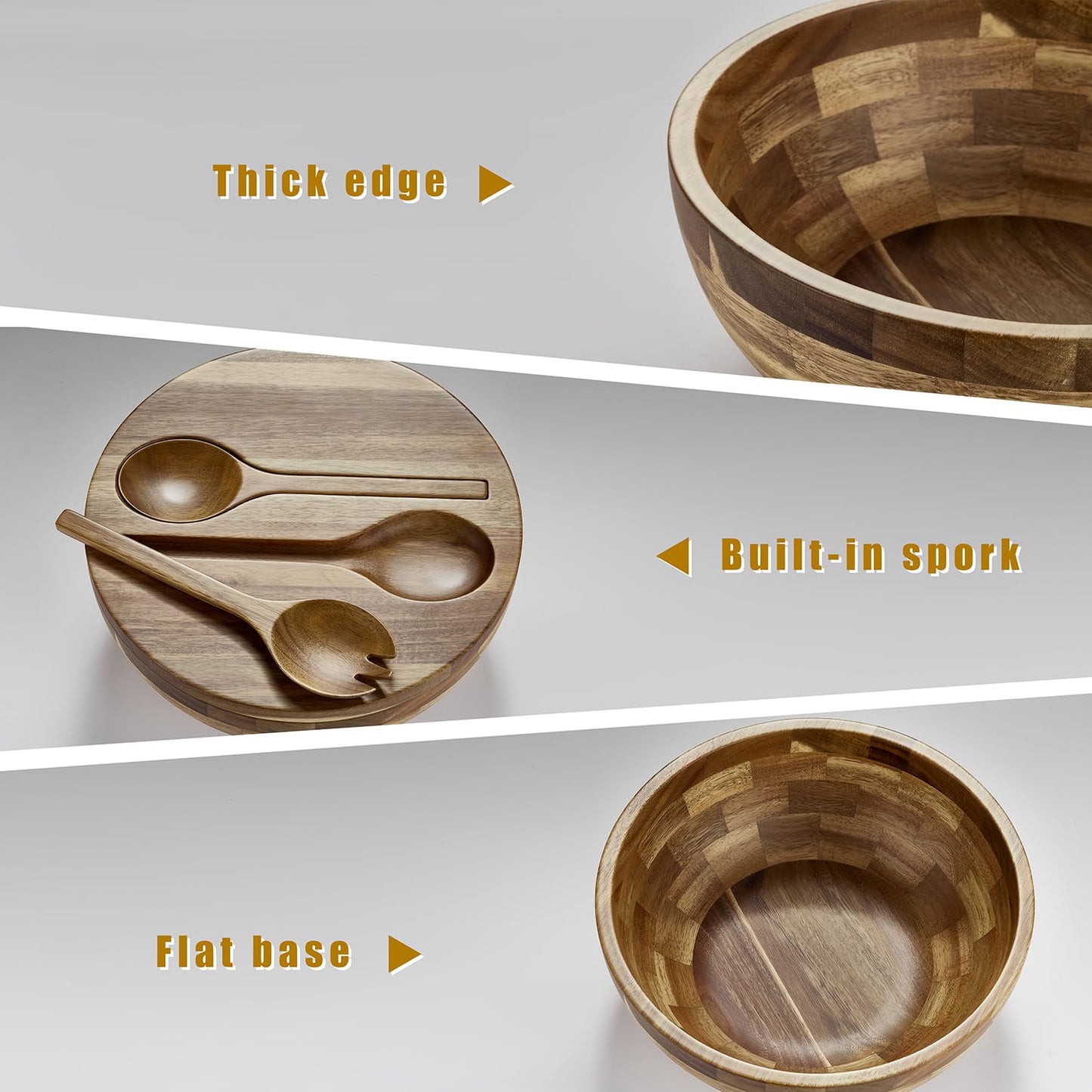 ECWAY Acacia Wooden Salad Bowl with Lid, Built-in Acacia Wood Utensils, 10.5" Large Wood Serving Bowls for Fruits, Salad, and Vegetables, Big Wood Salad Bowls Set 4-Piece, All-in-One Design