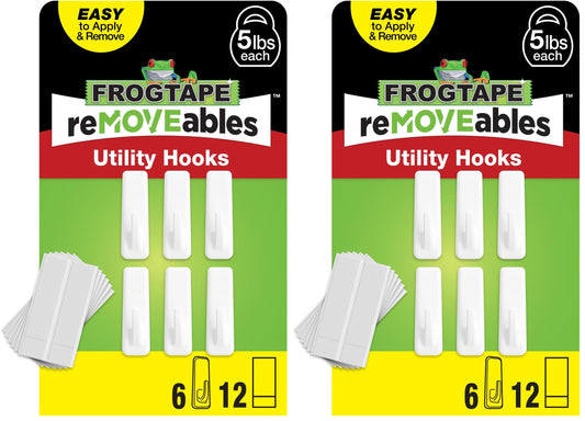 FrogTape reMOVEables Damage Free Adhesive Wall Hook - Removable Large Utility Wall Hooks for Hanging - No Nails - Holds up to 5 lbs - 6 Reusable Hooks & 12 Adhesive Strips - White (Pack of 12)