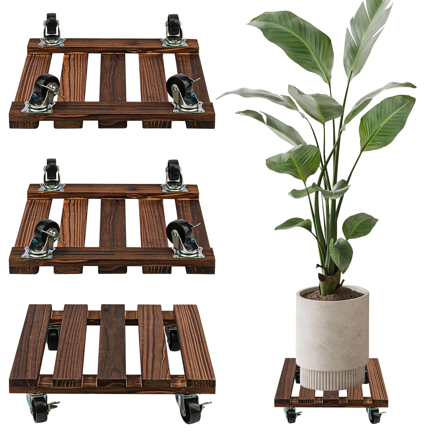 Yiksonyo 12 Inch Wooden Plant Caddy with Wheels, 4 Pack Rolling Plant Stand, Heavy Duty Indoor Outdoor Use, 360° Lockable Casters, Brown, Supports 132 lbs