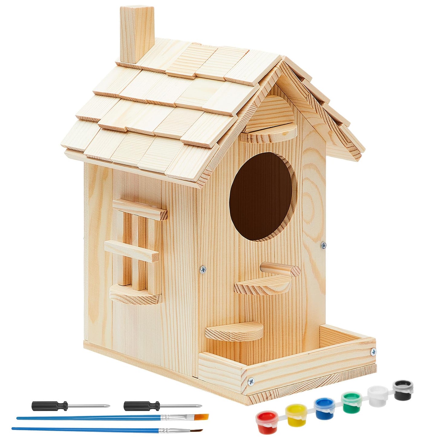 Liliful Wooden Bird House Kits, Build It Yourself Woodworking Kit for Adult Kids 4-8, 8-12 with Paint and Paintbrushes, Solid Weather Proof Natural Pine Wood, Pre Drilled (1 Pack,Modern Style)