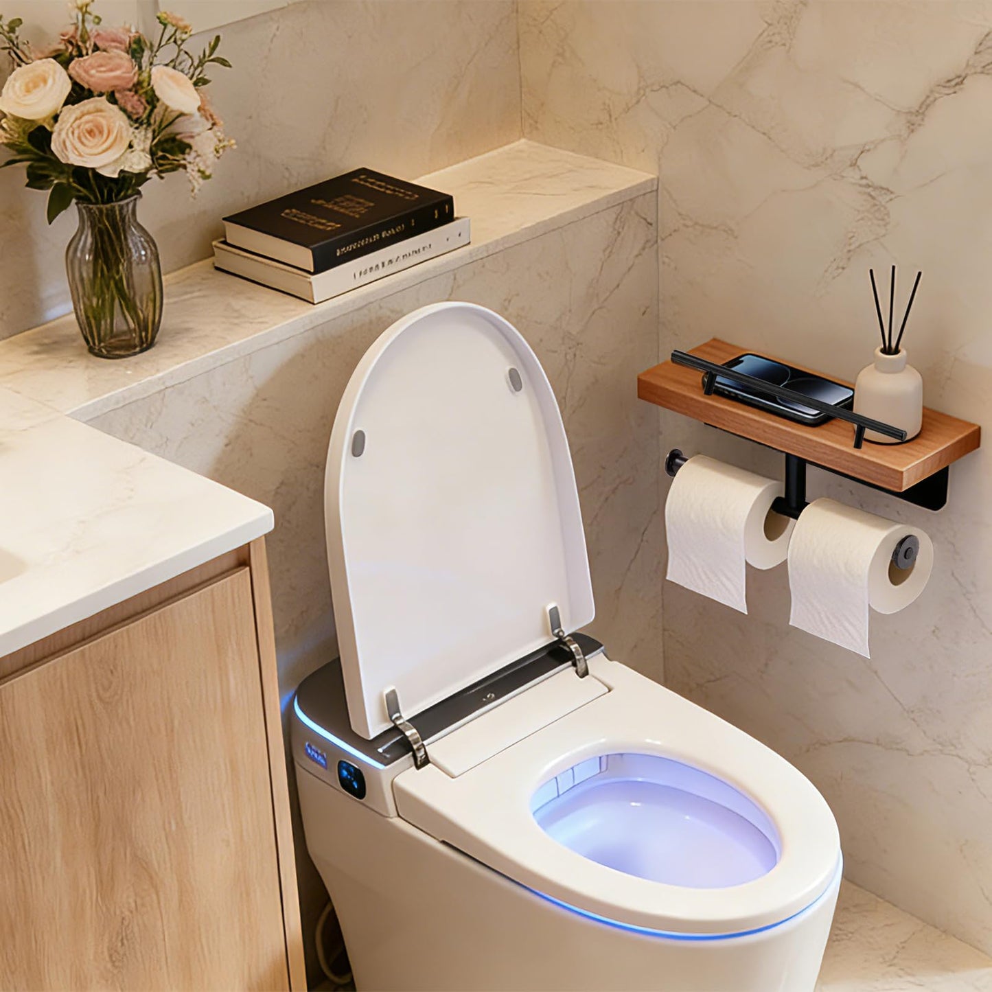 Toilet Paper Holder with Wood Shelf, Wall Mount Toilet Paper Roll Holder with Wooden Shelf and Matte Black Stainless Steel Pipe, Tissue Roll Holder for Bathroom Washroom (Light Brown, 13.8'' x 5.9'')