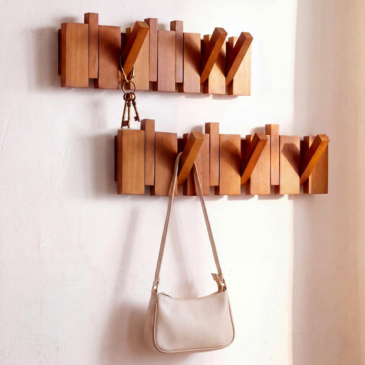 Youyole 2 Pcs 6 Hook Wooden Coat Hooks Mid Century Modern Wall Mounted Folding Coat Rack Hanger with Hooks Heavy Duty Flip Down Piano Hat Rack for Hanging Coats Hats Home