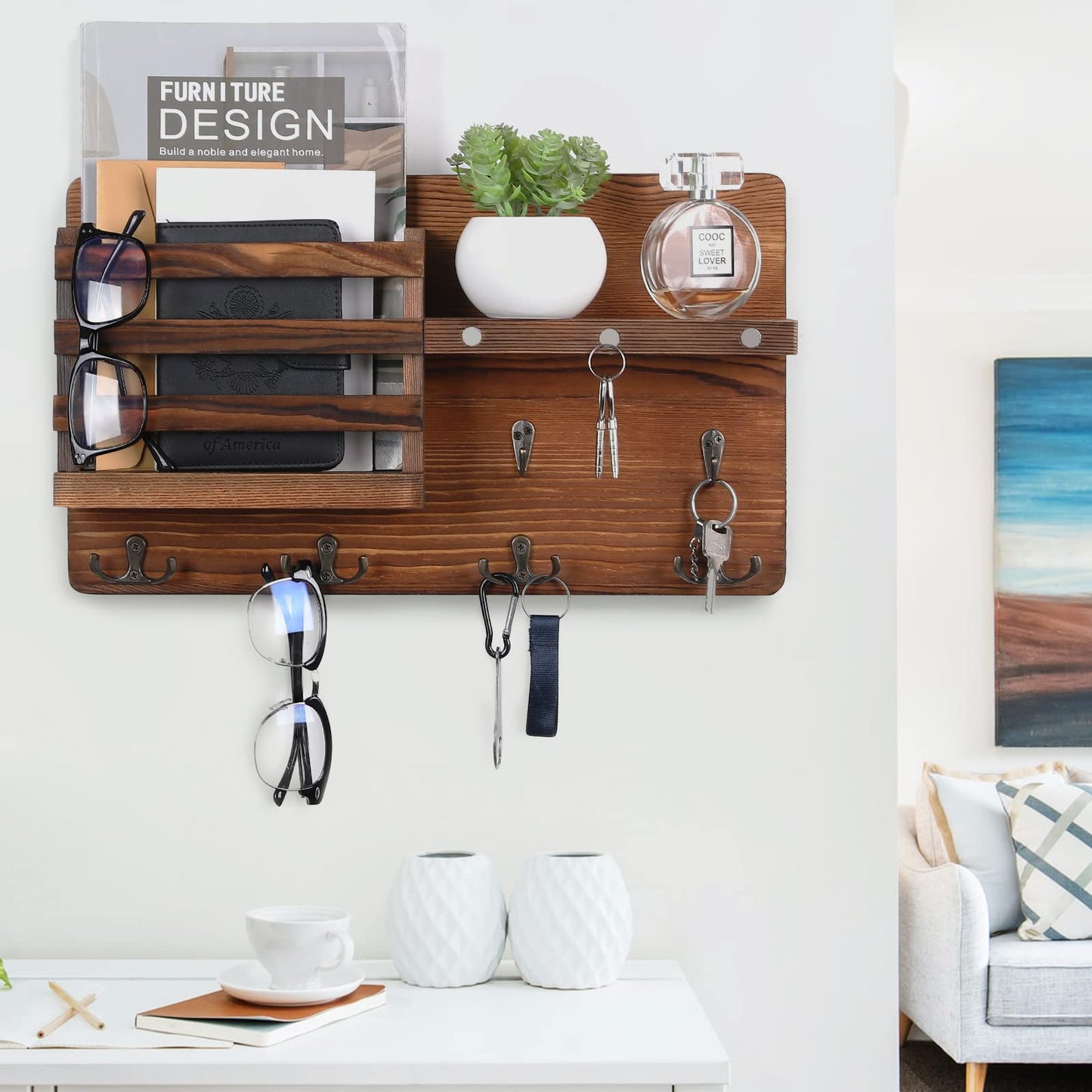 Decorative Key Hanging Rack with 10 Hooks – Easy Install Natural Wooden Key and Mail Holder for Wall Mount – Entryway Decor Rack with Shelf (Brown)
