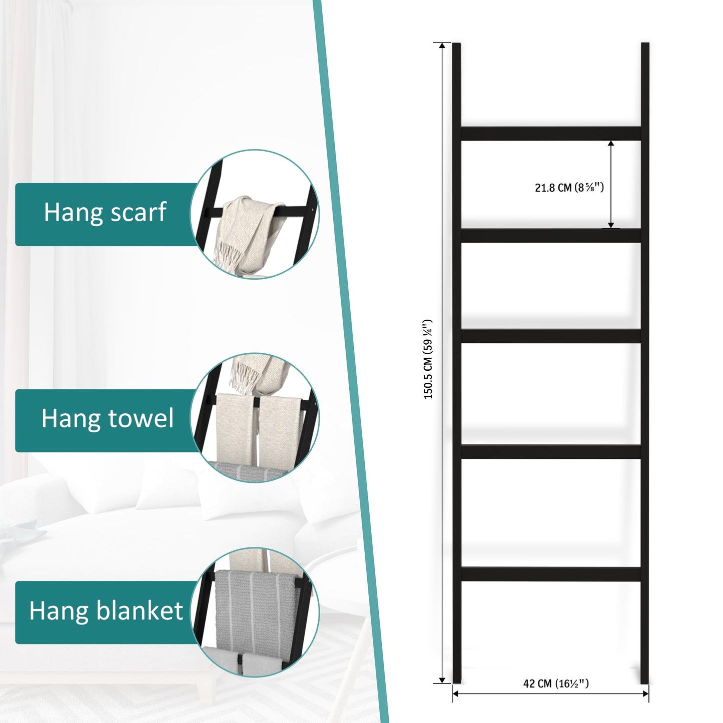 WTZ Bamboo Blanket Ladder, 5-Layer Towel Racks, Blanket Holder with Anti-Slip Construction Home Decor, Decorative Blanket, Quilt, Towel, Scarf Ladder Shelves for Livingroom, Bedroom, Bathroom, Black
