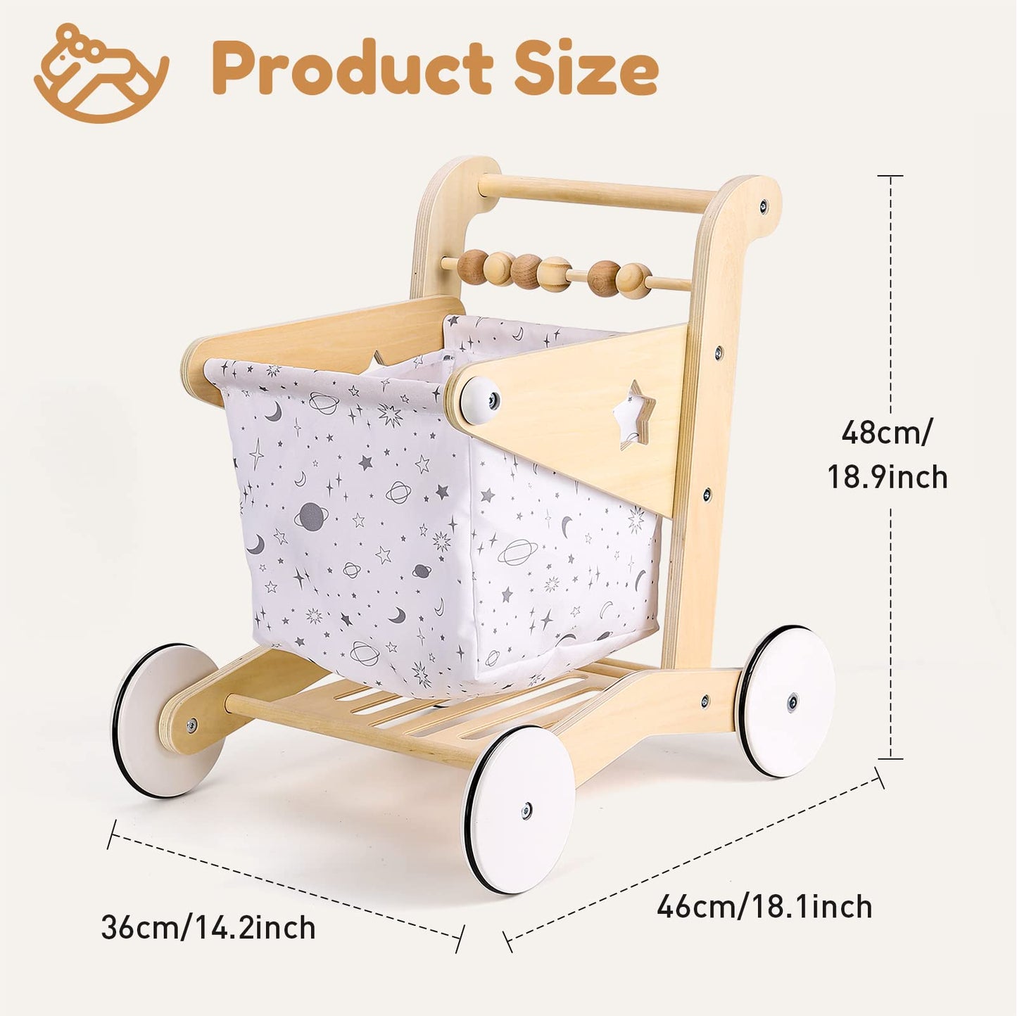 Woodtoe Wooden Baby Walker Doll Stroller, Adjustable Speed Shopping Cart for Toddlers 1-3, Baby Push Walker, Pretend Play Grocery Wagon, Baby Push Toys, Montessori Birthday Toy Gift for 1 2 3 Year Old