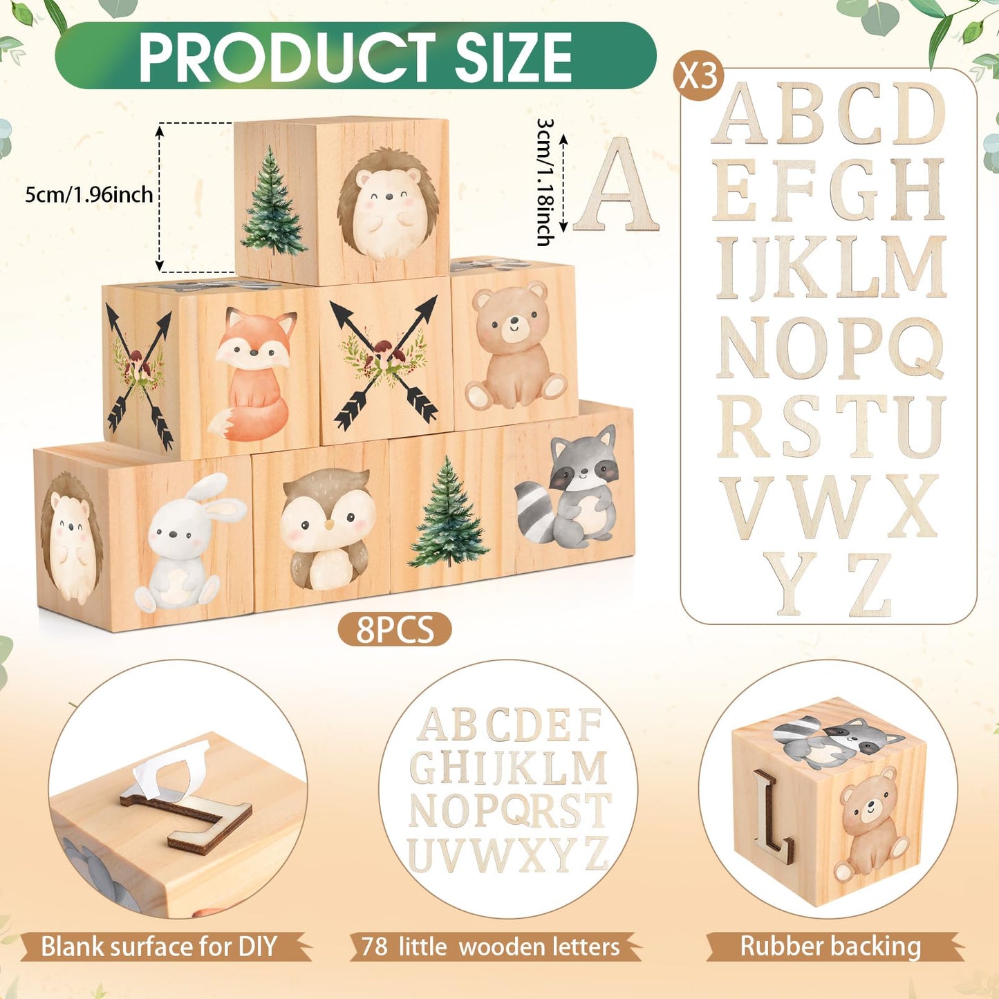 Wonderjune Custom Woodland Animals Wooden Name Sign, 8 Animals Block with 78 Letter Name Cubes for Alphabet Wood Signs Playroom Decoration