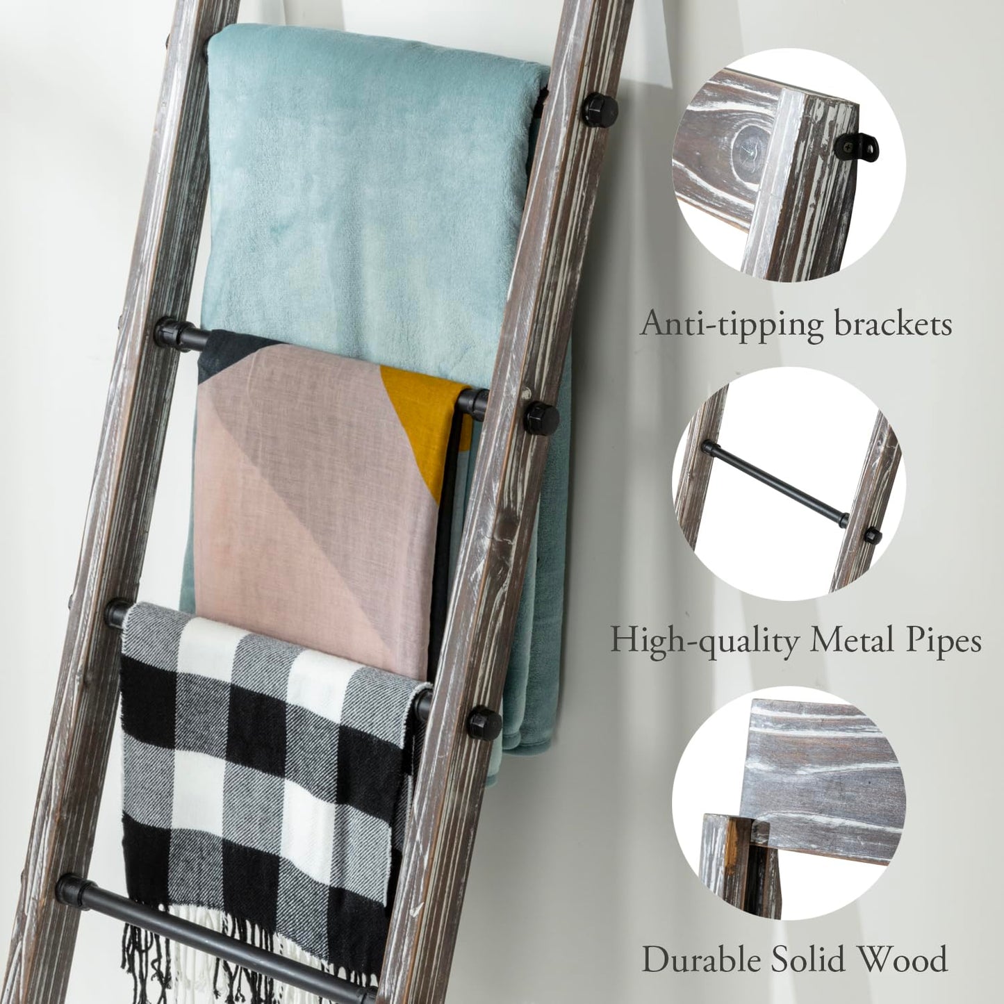 MyGift Blanket Ladder Wooden, Blanket Quilt Holder Rack Decorative Ladder with Metal Pipe Rungs, Easy Assembly, Rustic Farmhouse Ladder Shelf for The Living Room Bedroom Bathroom