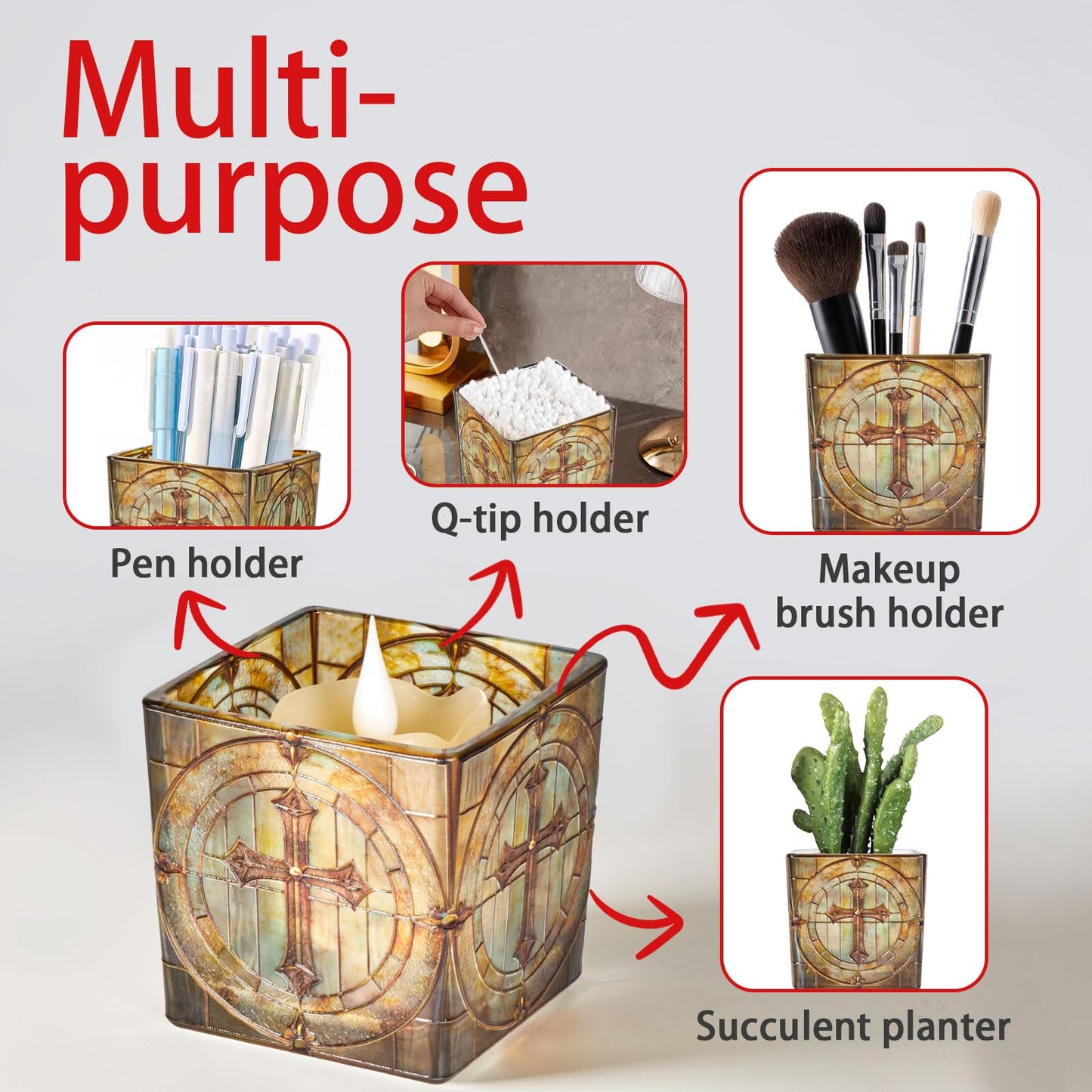 Square Glass Vanity Organizer Religious Cross Altar Ofrenda Qtip Holder Makeup Brush Holder Pen Cup Tealight Candle Holder Table Decor Green