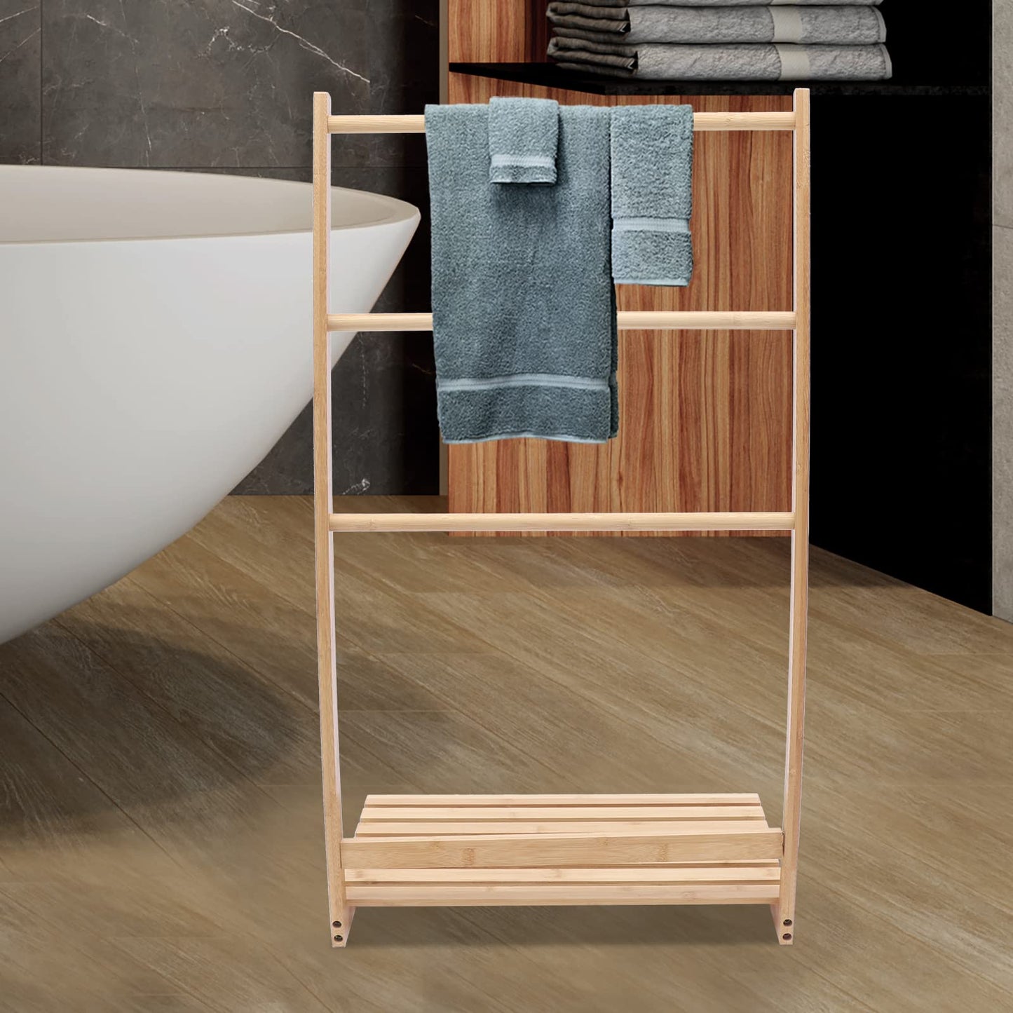 3 Tier Bamboo Towel Rack, Free-Standing Ladder Shelf with Bottom Storage Shelf, Quilt Blanket Rack Stand,Towel Ladder Storage Organizer Holder for Bathroom Home Hotel
