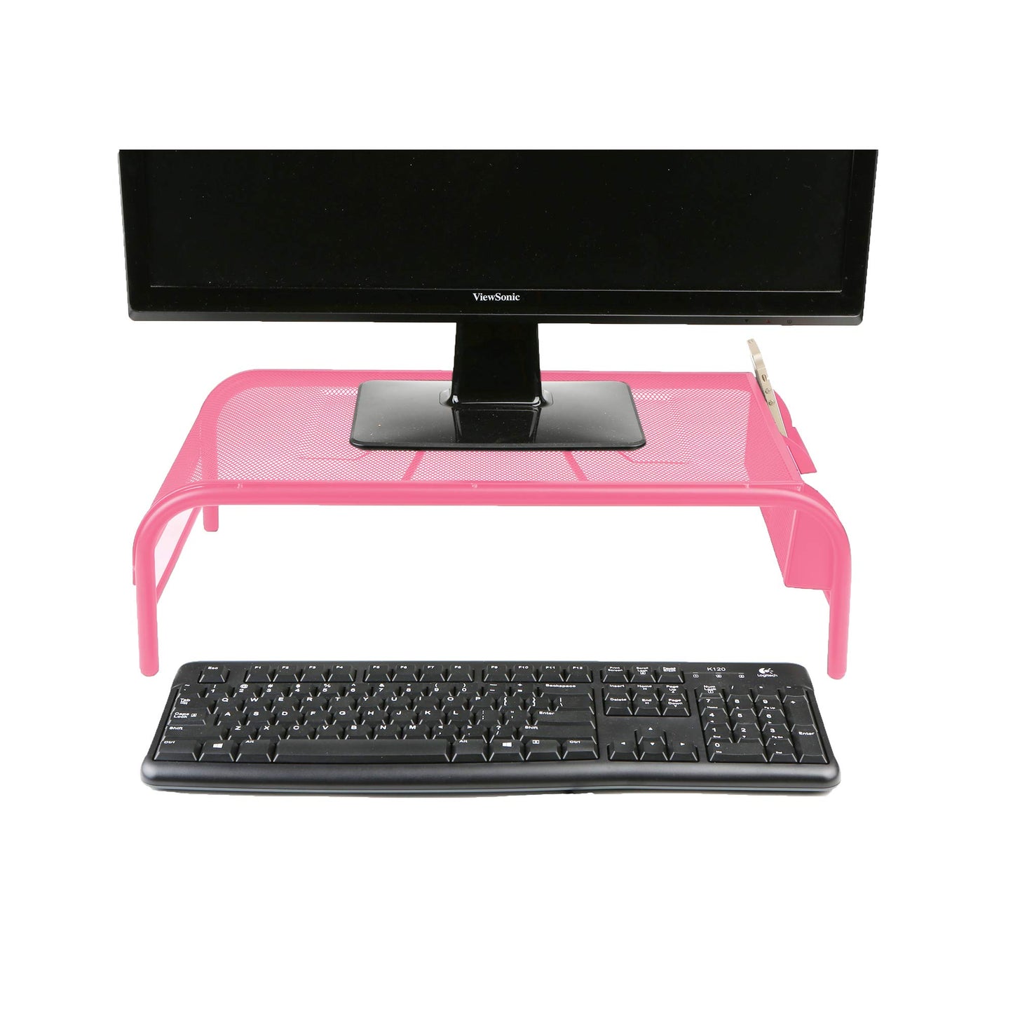 Mind Reader Monitor Stand, Ventilated Laptop Riser, Desktop Organizer, Side Storage, Metal Mesh, 20" L x 11.5" W x 5.5" H, Pink