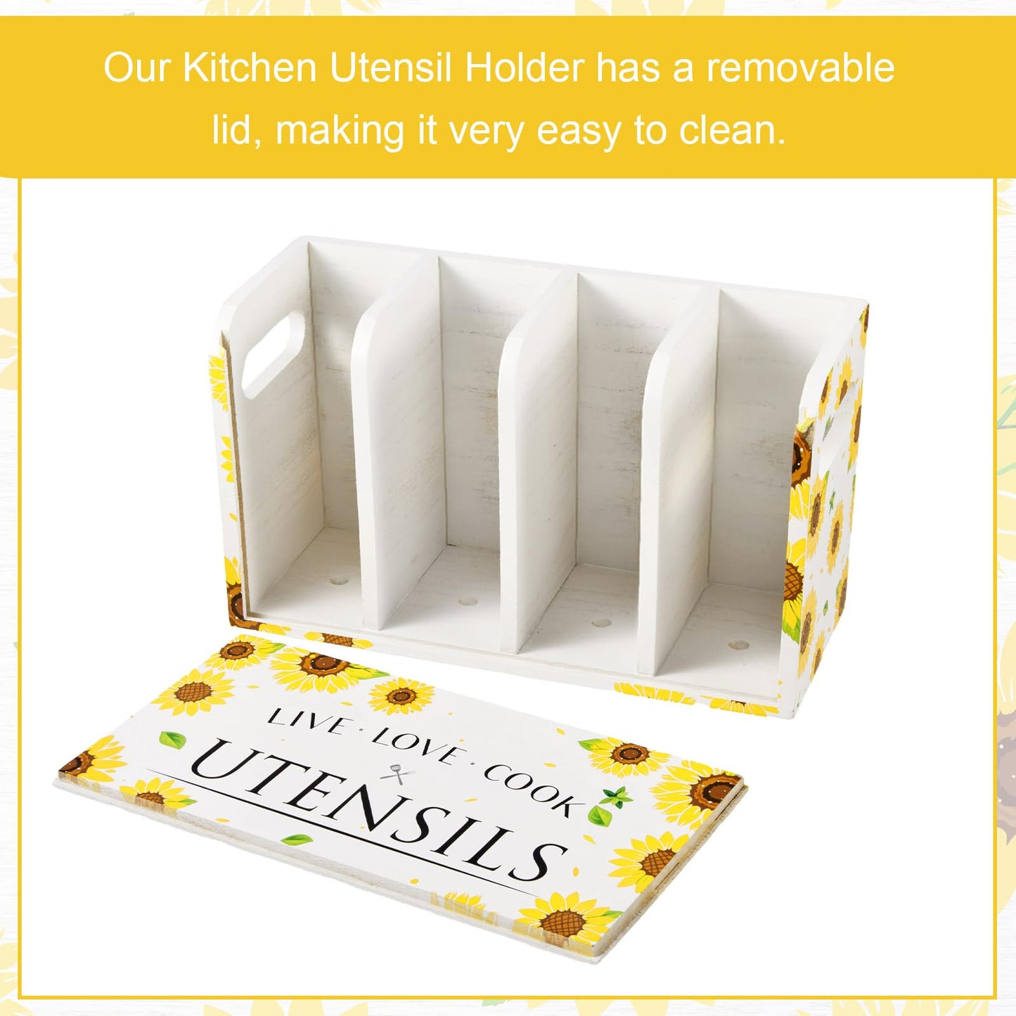 Kathfly Sunflower Kitchen Utensil Holder for Counter Cooking Utensil Organizer 4 Compartment Large Wooden Rustic Farmhouse Kitchen Tools Storage for Home Countertop