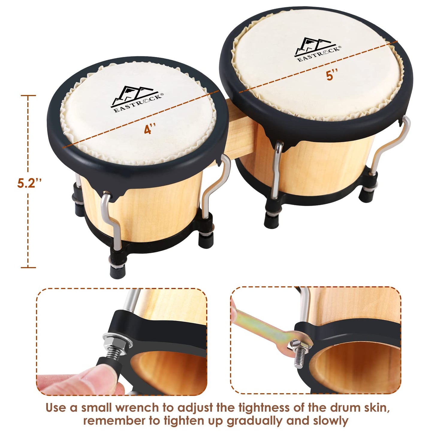 EastRock Bongo Drum 4” and 5” Set for Adults Beginners Professionals Tunable Wood and Metal Drum Percussion Instruments With Tuning Wrench