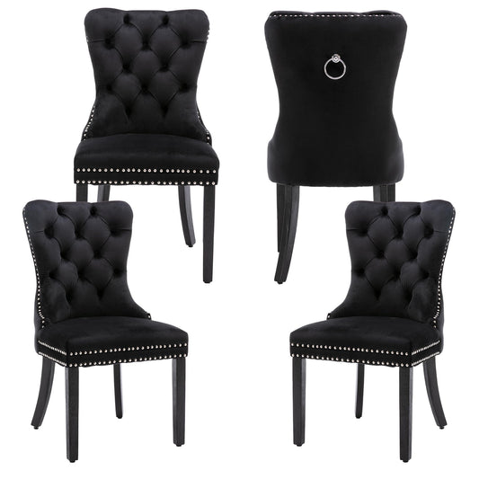 Homedraft Velvet Dining Chairs Set of 4, Nikki Collection Dining Room Chairs with Wood Legs and Pull Ring, Luxury Side Chair with Nailhead Trim and Button Tufted Back, Black