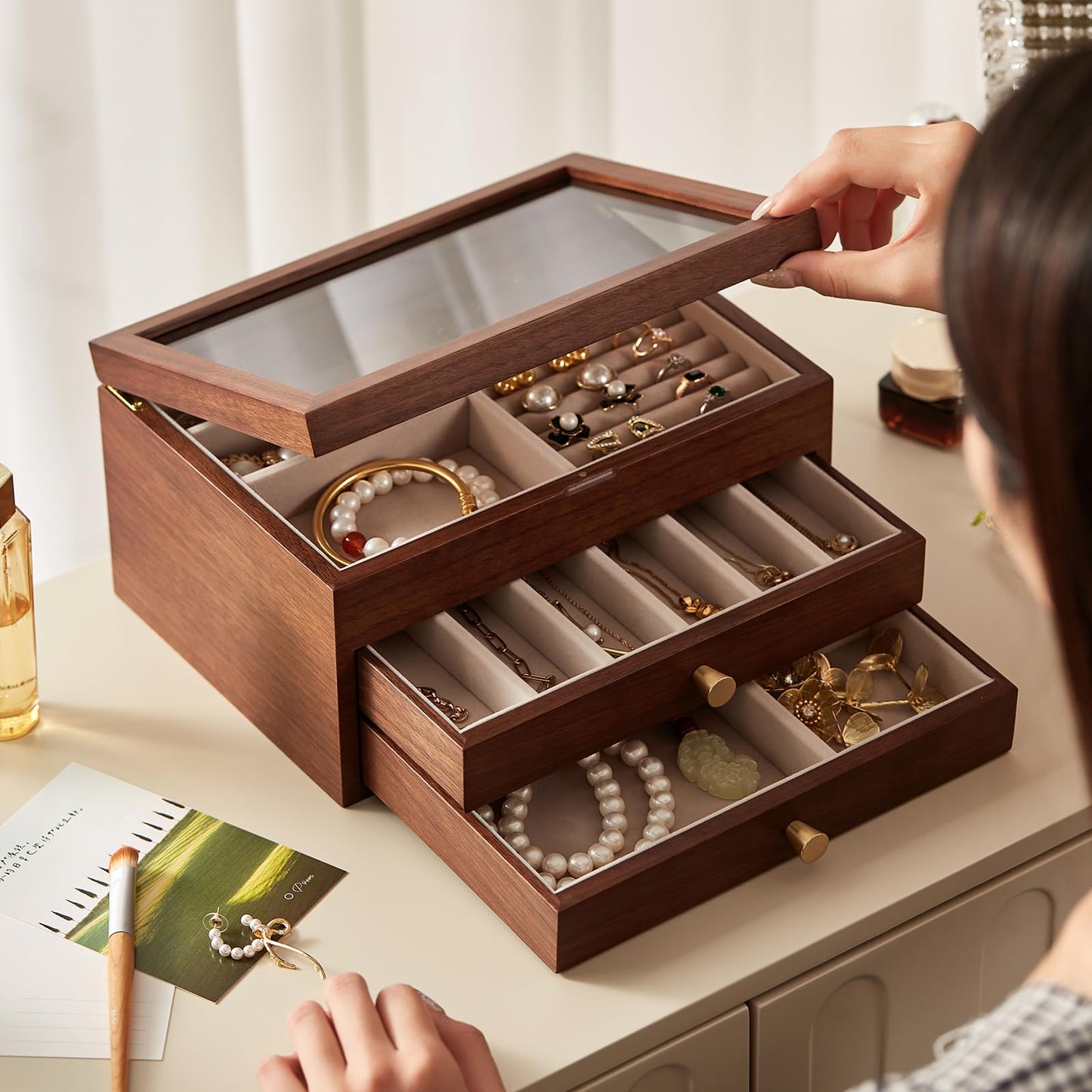 Homruilink Black Walnut Wooden Jewelry Box Women large 3 Layer Drawer Organizer Box with Glass Lid for Necklaces, Watch, Necklace, Ring, Earring Storage, Fathers Day Gift