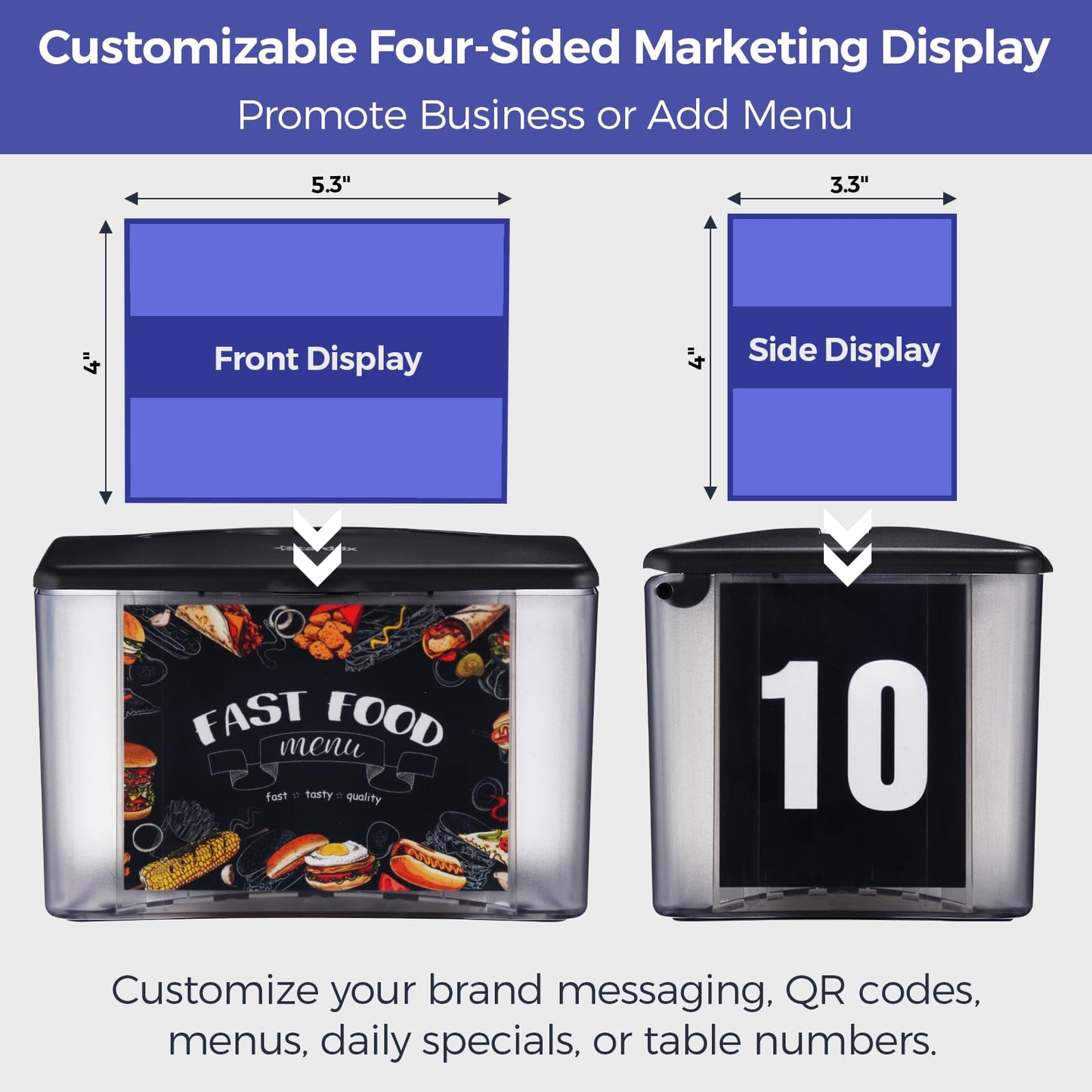Stardrix Interfold Tabletop Napkin Holder, Spring Loaded Commercial Restaurant Napkin Dispenser with 4-Sided Marketing Insert Display, Easy-Access Black Napkin Dispenser for Counters & Tables