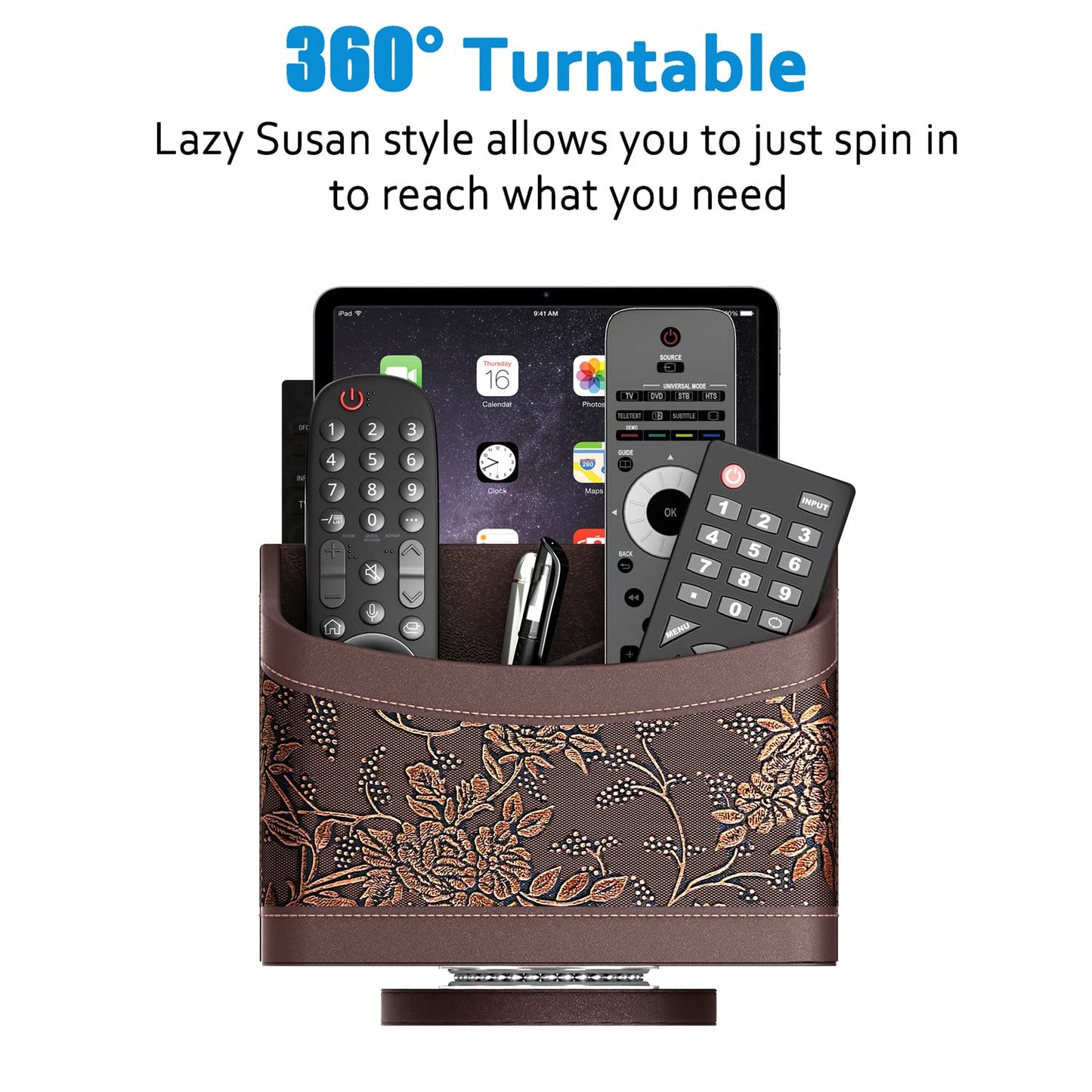 Thipoten Remote Control Holder for Table, Leather Turntable/Organizer/Caddy for Holding TV Controllers, Phone, and Office Supplies, Perfect Space Saver for End Table/Nightstand/Office Desk(Retro)