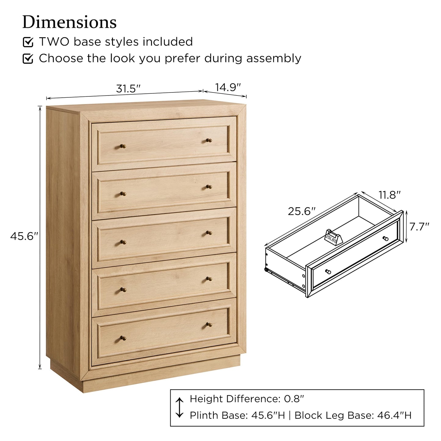 ACCOHOHO 5 Drawer Dresser with Two Included Base Styles, 46" Tall Chest of Drawers, Transitional Modern Closet Dresser with Antique Brass Knobs, Wooden Dresser for Bedroom, Living Room, Natural Oak