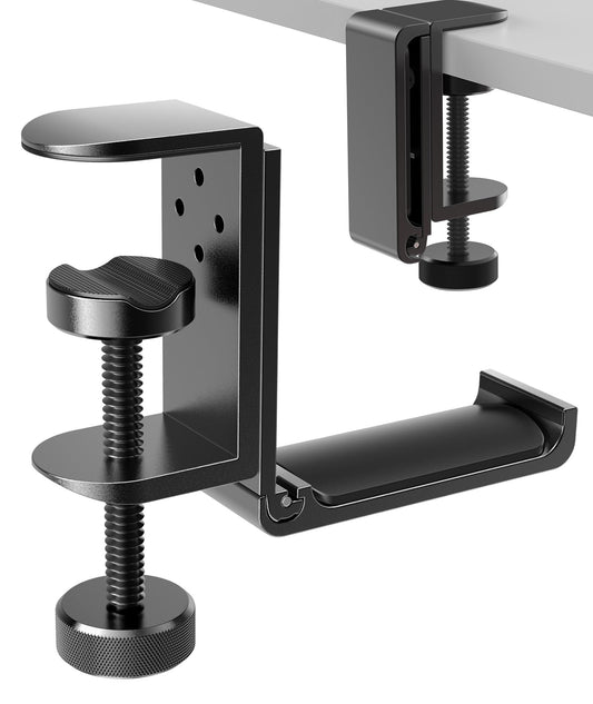 APPHOME New Foldable Headphone Stand Hanger Holder Aluminum Headset Soundbar Stand Clamp Hook Under Desk Space Save Mount, Universal Fit Gaming Headphones, Black