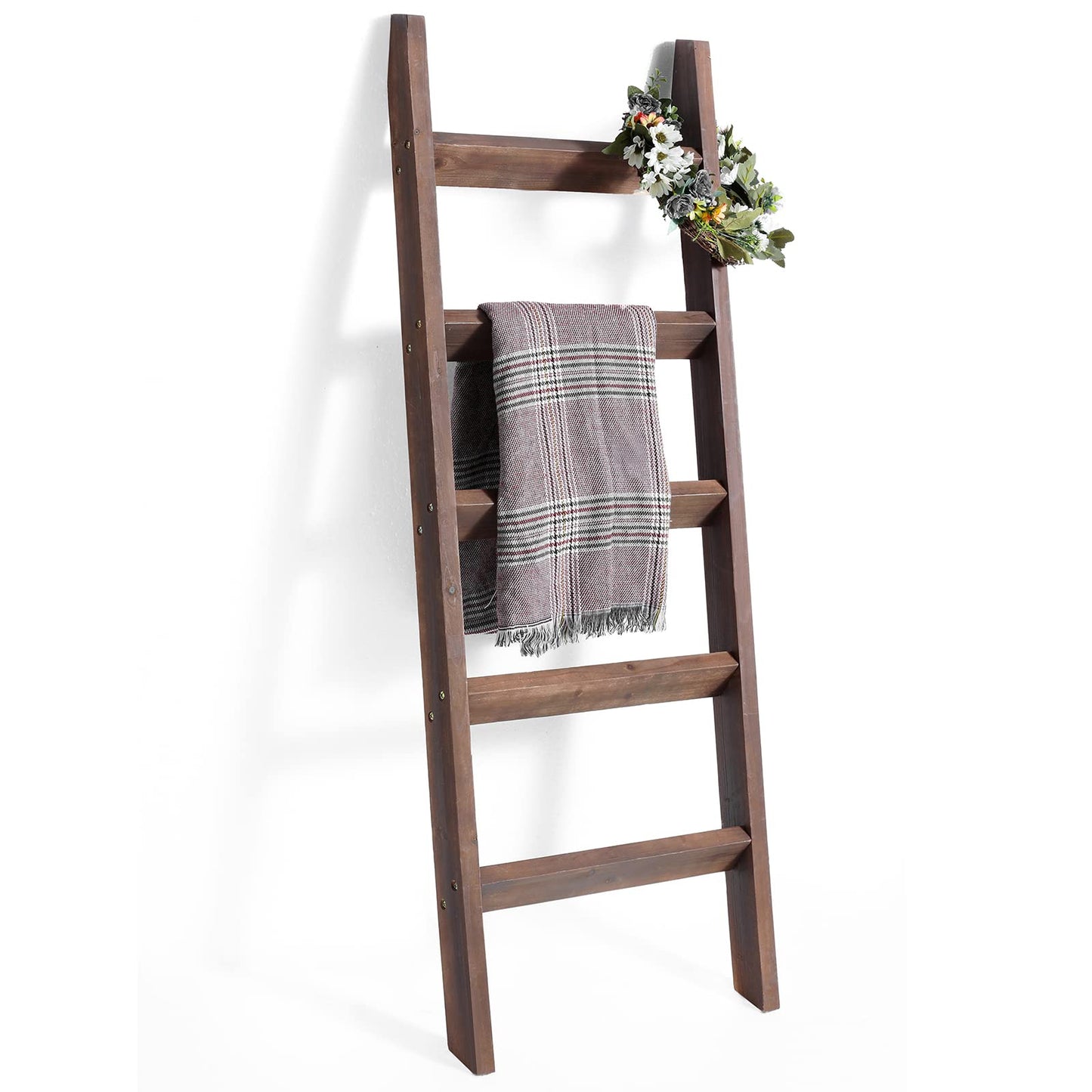 FUIN 5ft (58") Wood Blanket Ladder Living Room Decorative Wall Leaning Farmhouse Quilt Display Holder Rustic Wooden Towel Rack for Bathroom, Brown