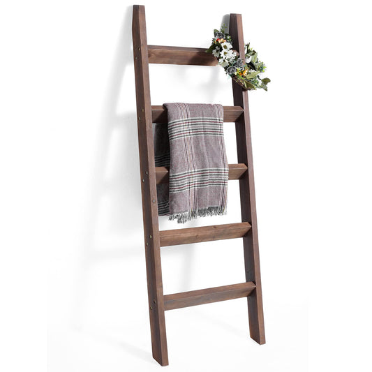 FUIN 5ft (58") Wood Blanket Ladder Living Room Decorative Wall Leaning Farmhouse Quilt Display Holder Rustic Wooden Towel Rack for Bathroom, Brown