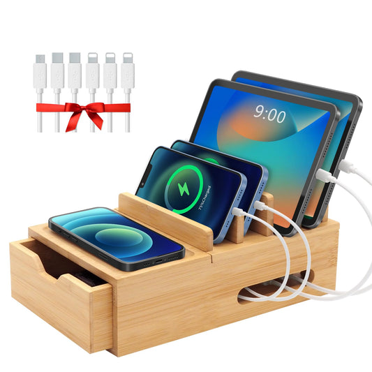 Bamboo Charging Station for Multiple Devices, Desk Charging Organizer with Drawer & Tray, Wood Docking Station Included 6 Cables, Compatible with iPhone Devices, Cell Phone, Tablet (No USB Charger)