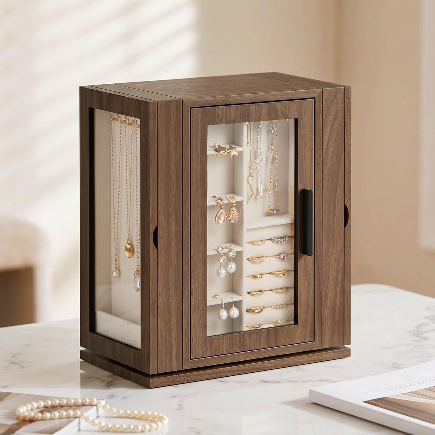 HOOBRO 5-Tier Jewelry Box, Wooden Jewelry Organizer with Transparent Windows and 360° Rotating Jewelry Box, Wooden Jewelry Organizer Bundle, BH19JB04-BH30JB04