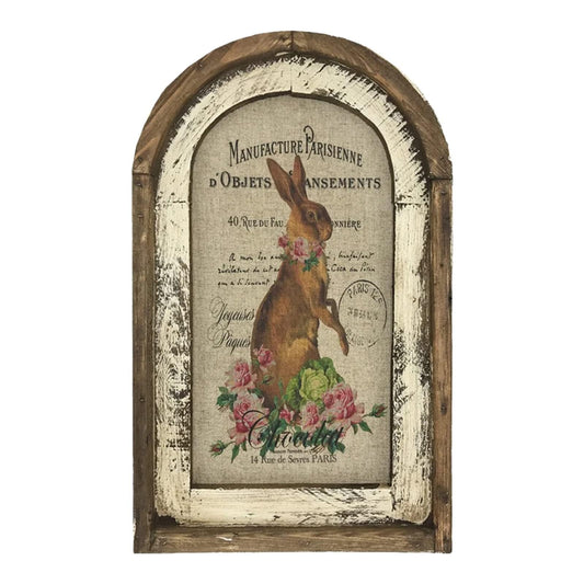 Smaroll Large Rustic Easter Decorations Rabbit Painting with Wooden Arched Frame Farmhouse Decoration Hanging Plaque Bunny Photo Sign Pediments,11 x 16.6 inch