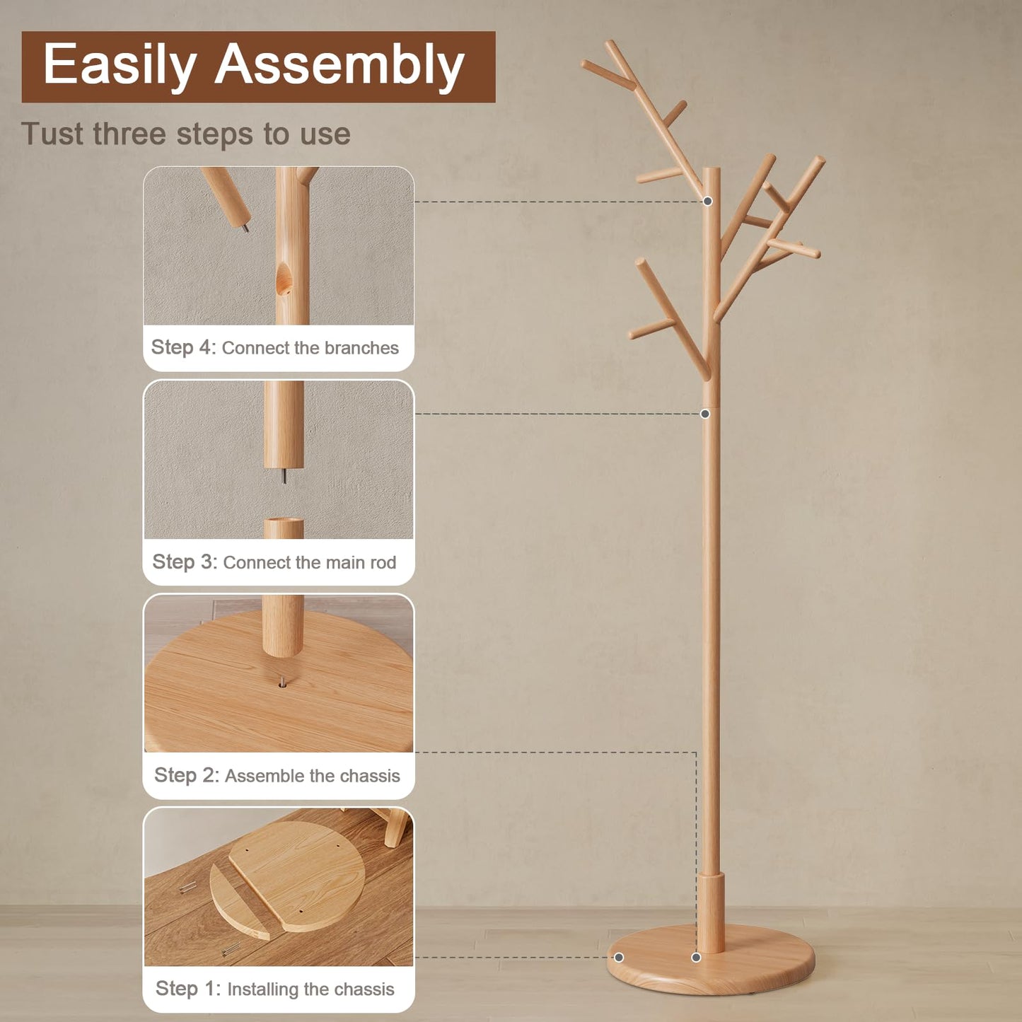 Muwuele Coat Rack,Solid Wood Coat Rack Freestanding with 12 Hooks,Coat tree freestanding 3 Adjustable Heights for coat, Hats, Handbags，Coat Stand for Entryway,Bedroom (Natural)