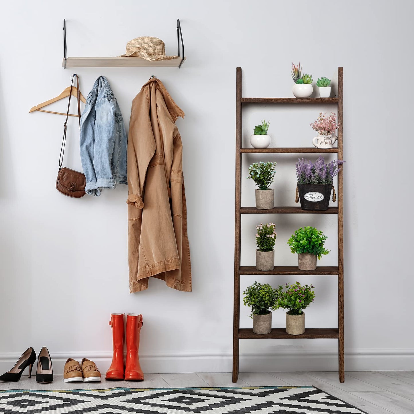 HiddenHomeWor Rustic 5-Tier Wall-Leaning Wood Loadder Towel Racks for Bathroom Livingroom Kithen Office Woden Farmhouse Ladder-Style Blanket Rack Multipurpose Organizer Rack for Home (Brown)