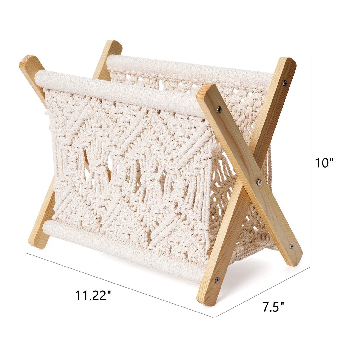 Mkono Macrame Magazine Rack Boho Storage Holder Standing Basket for Books, Newspapers, Swaddle Blanket, Dorm Essentials, Living Room, Bathroom, Office, Nursery, Home Decor, Small Size, 11.2”L x 7.5”W